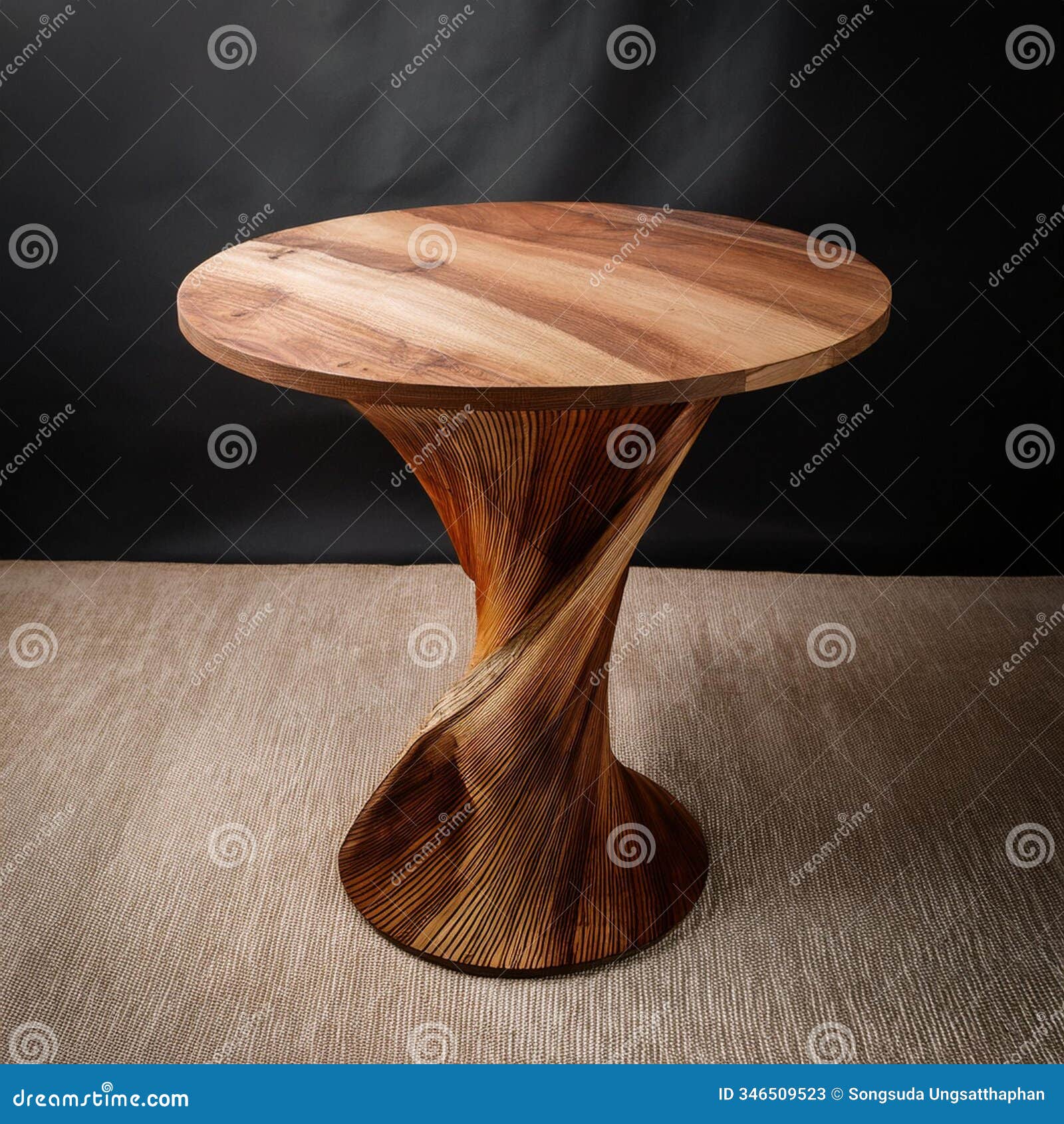 close-up modern wooden circle table  and its physical handcrafted counterpart, merging tech and craft