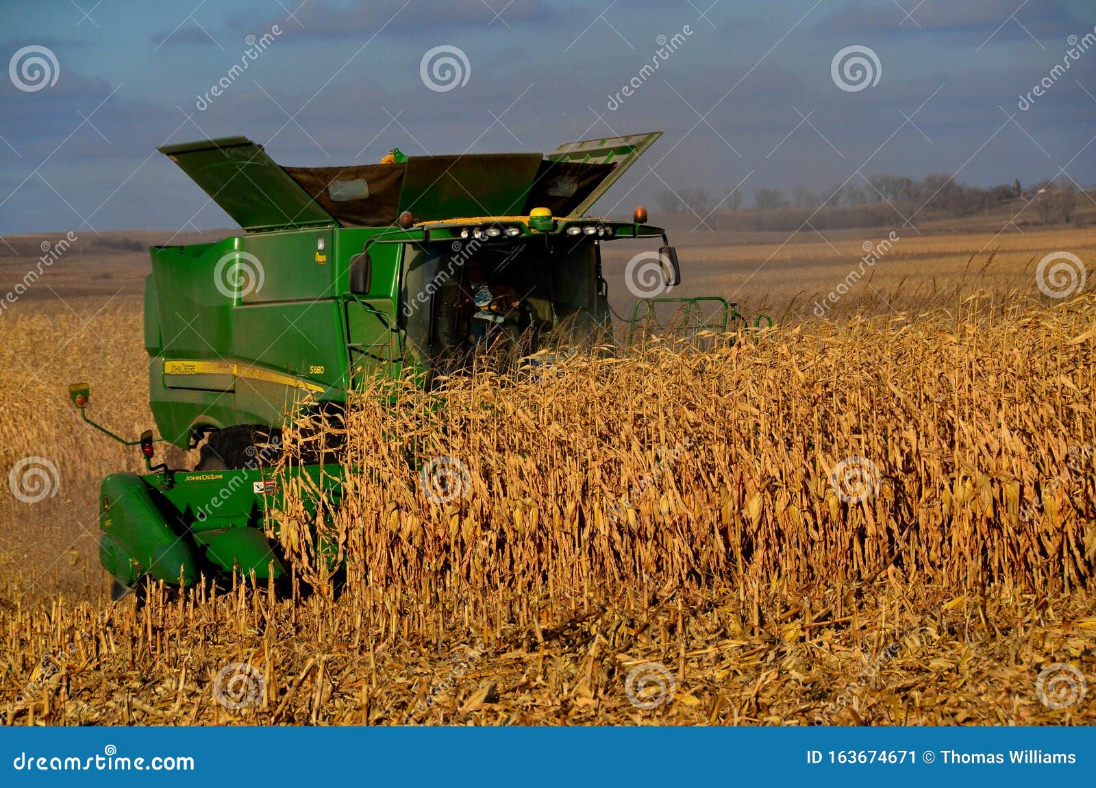Combines Working in North Dakota To Harvest Corn Editorial Photo