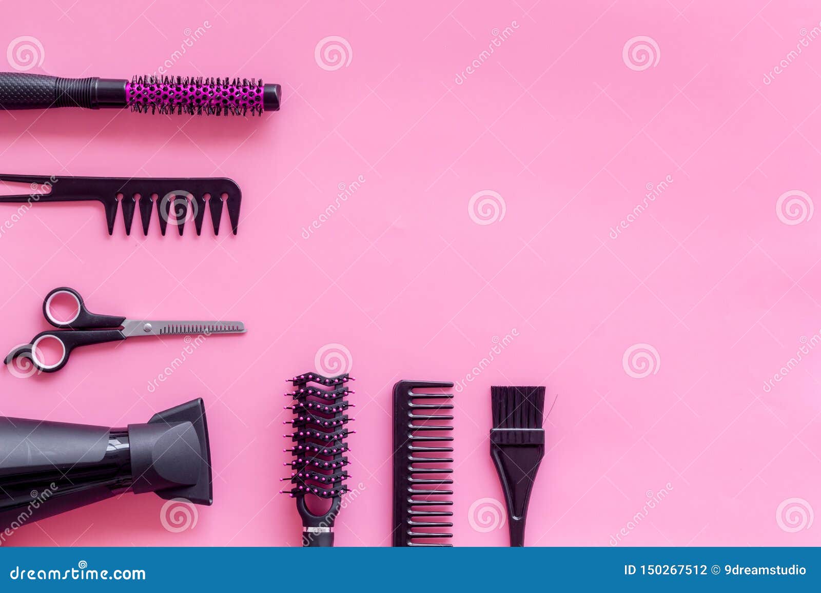 Combs, Sciccors and Hairdresser Tools in Beauty Salon Work Desk on Pink  Background Top View Space for Text Stock Photo - Image of pink, style:  150267512