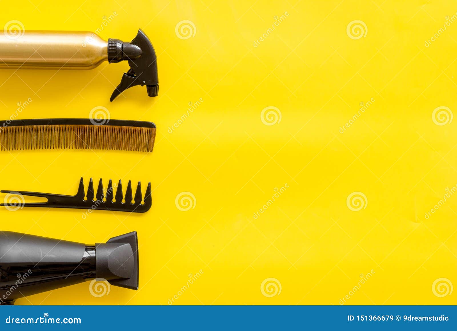 Combs Spray Dryer And Hairdresser Tools In Beauty Salon Work Desk On Yellow Background Top View Mockup Stock Image Image Of Brush Table 151366679