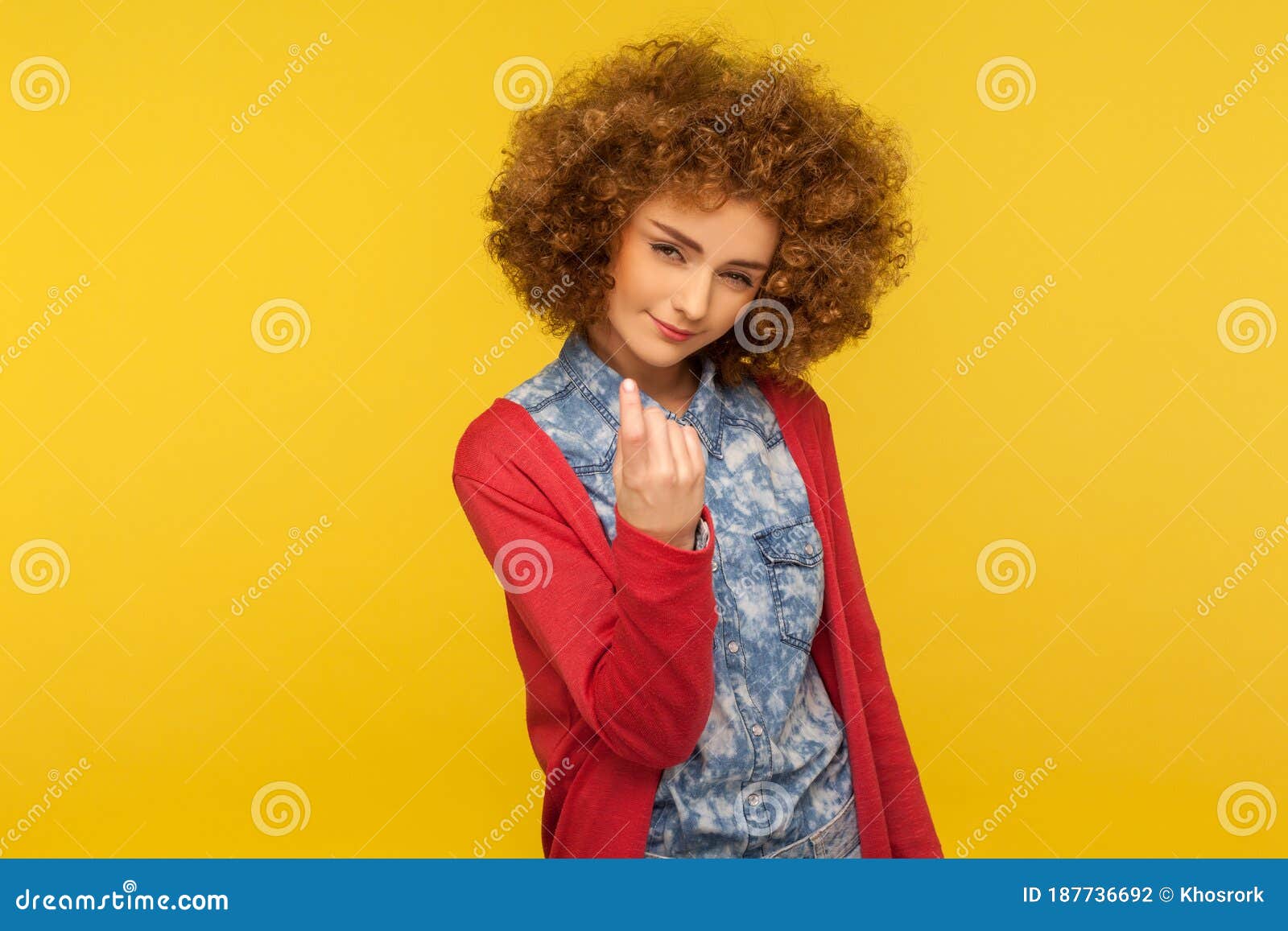 Come Here, Follow Me! Portrait of Pretty Curly-haired Woman Looking ...