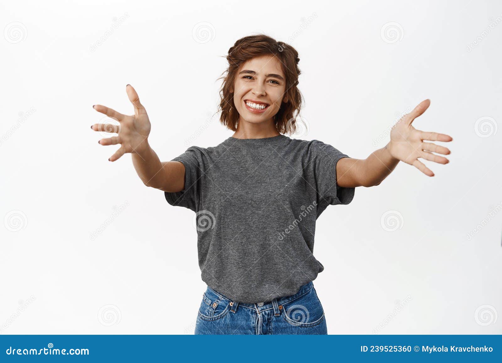 Come Here Smiling Young Woman Reaching Arms Stretching Hands To