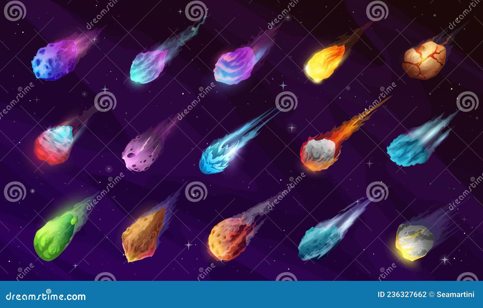 Cometas Asteroides Y Meteoritos Con Dibujos Animados De Senderos  Ilustración del Vector - Ilustración de juego, flama: 236327662