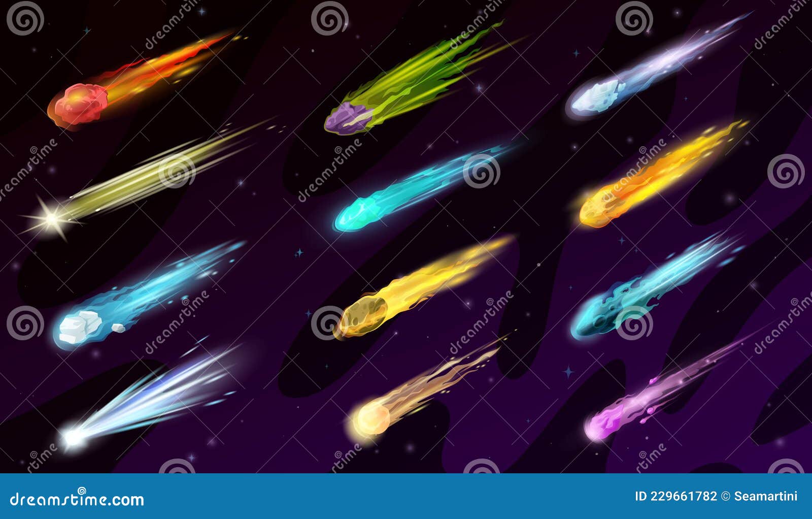 Cometas Espaciales De Dibujos Animados Meteoros Asteroides Stock de  ilustración - Ilustración de asteroide, resplandeciente: 229661782