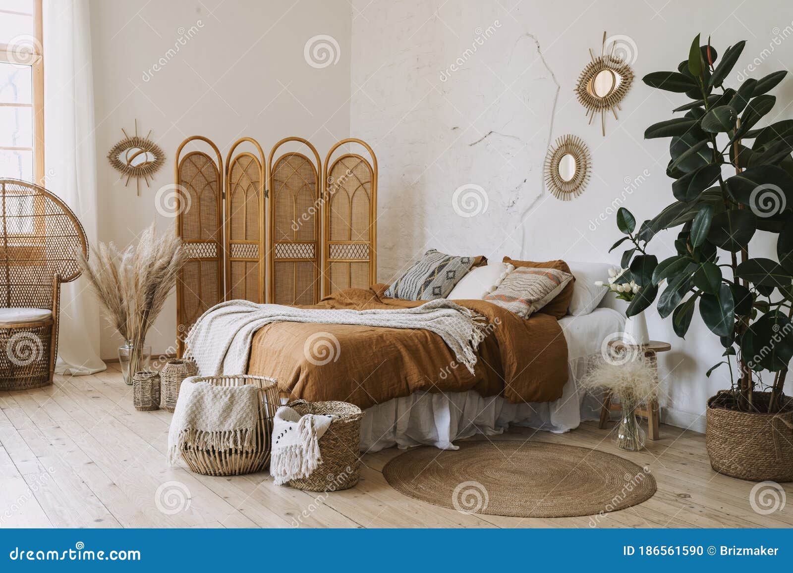 comfort apartment in bohemian style interior with hygge bedroom