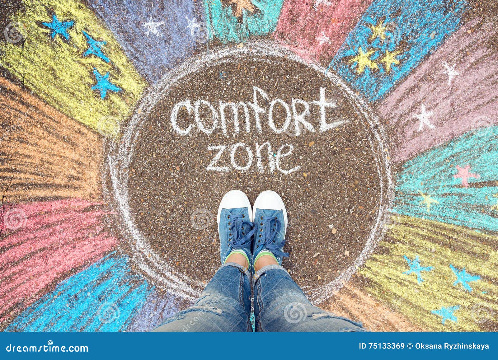 comfort zone concept. feet standing inside comfort zone circle.