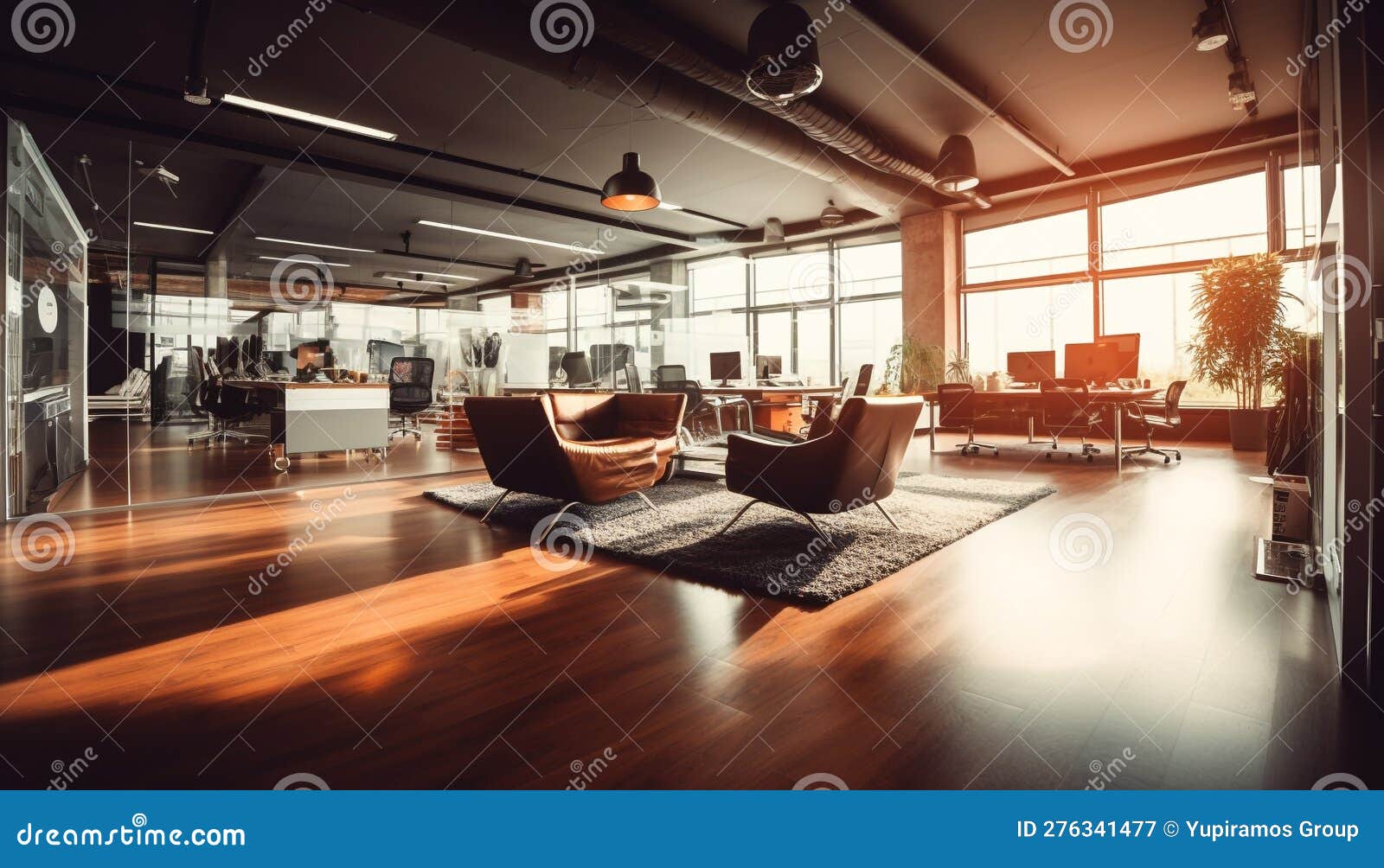 Comfortable Armchair Sits Inside Modern Glass Office Building Generated