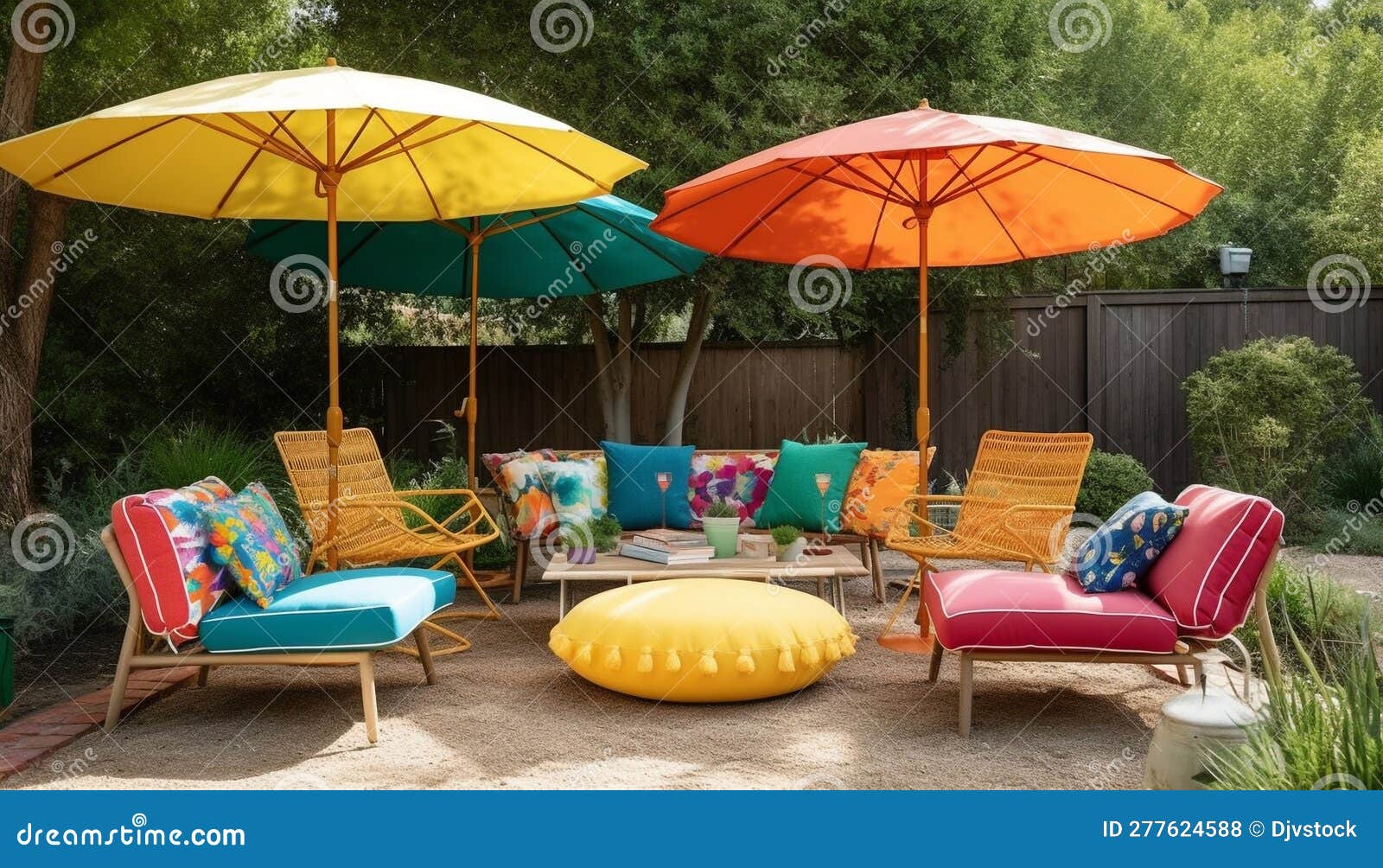Comfortable Armchair in Vibrant Yard with Umbrella Generated by AI