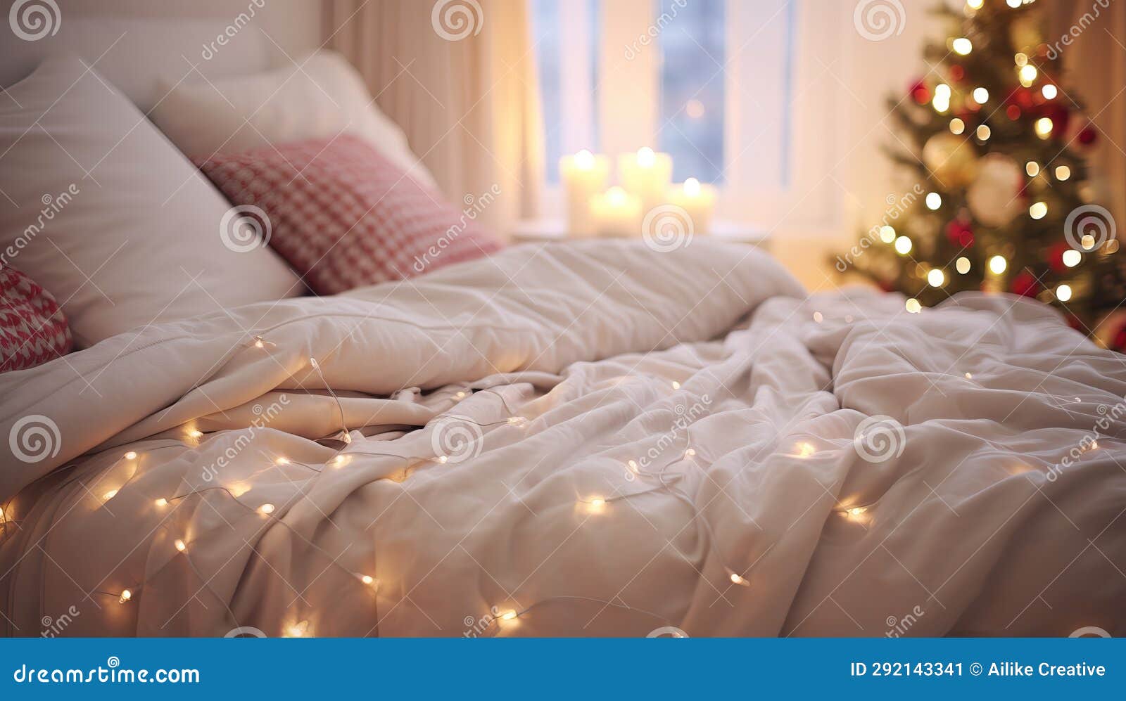 Comfortable Bed with Christmas Lights in Room Stock Illustration
