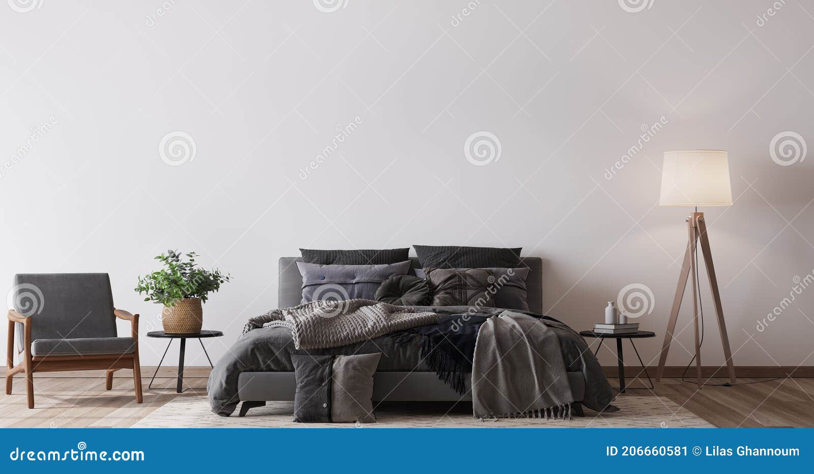 comfortable bedroom with empty wall mockup , dark bed on white wall background