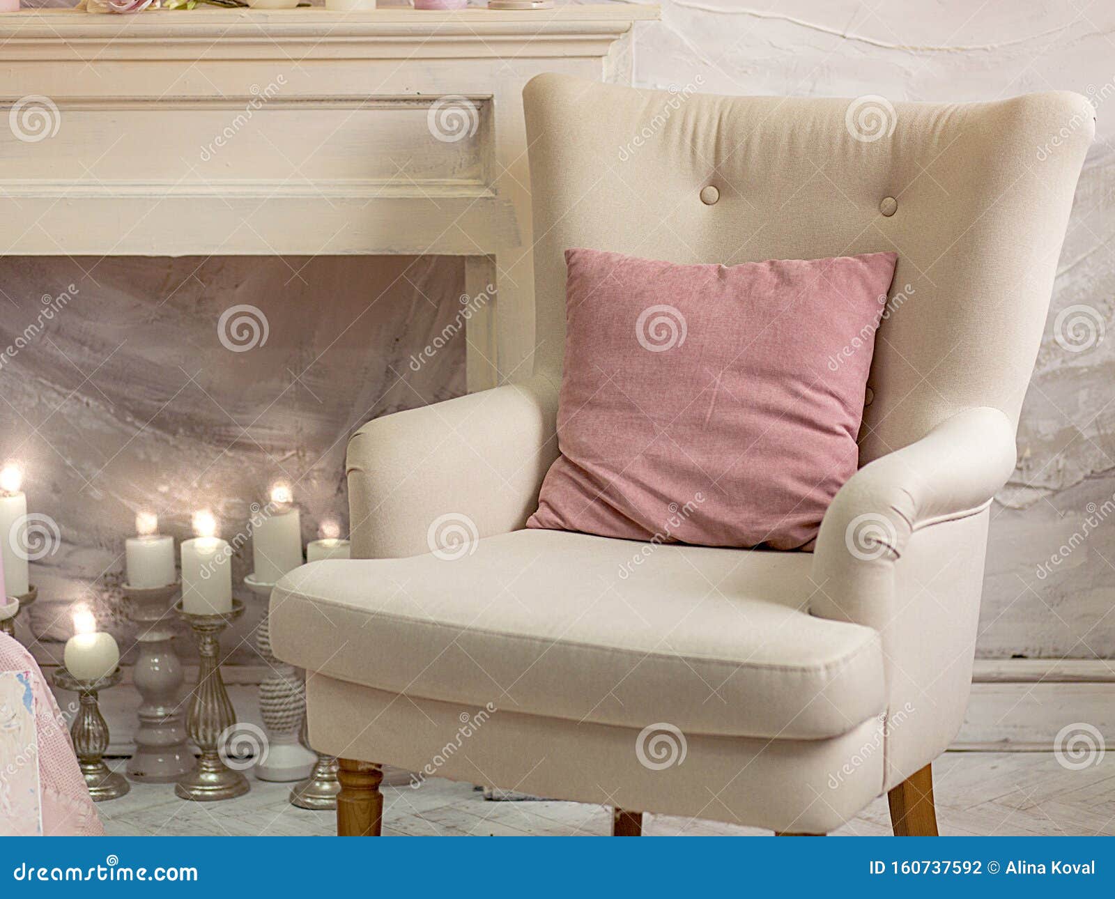 Comfortable Beige Armchair in a Modern Classic Designer Interior Stock