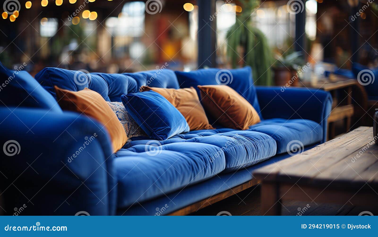 Comfortable Blue Sofa in Modern Living Room, Illuminated by Window
