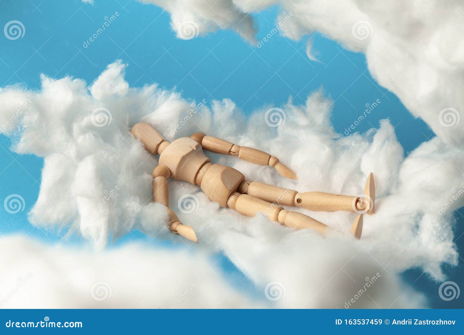 Comfortable Dream Of Toy Man On Clouds Sweet Dreams Rest On Bed Stock