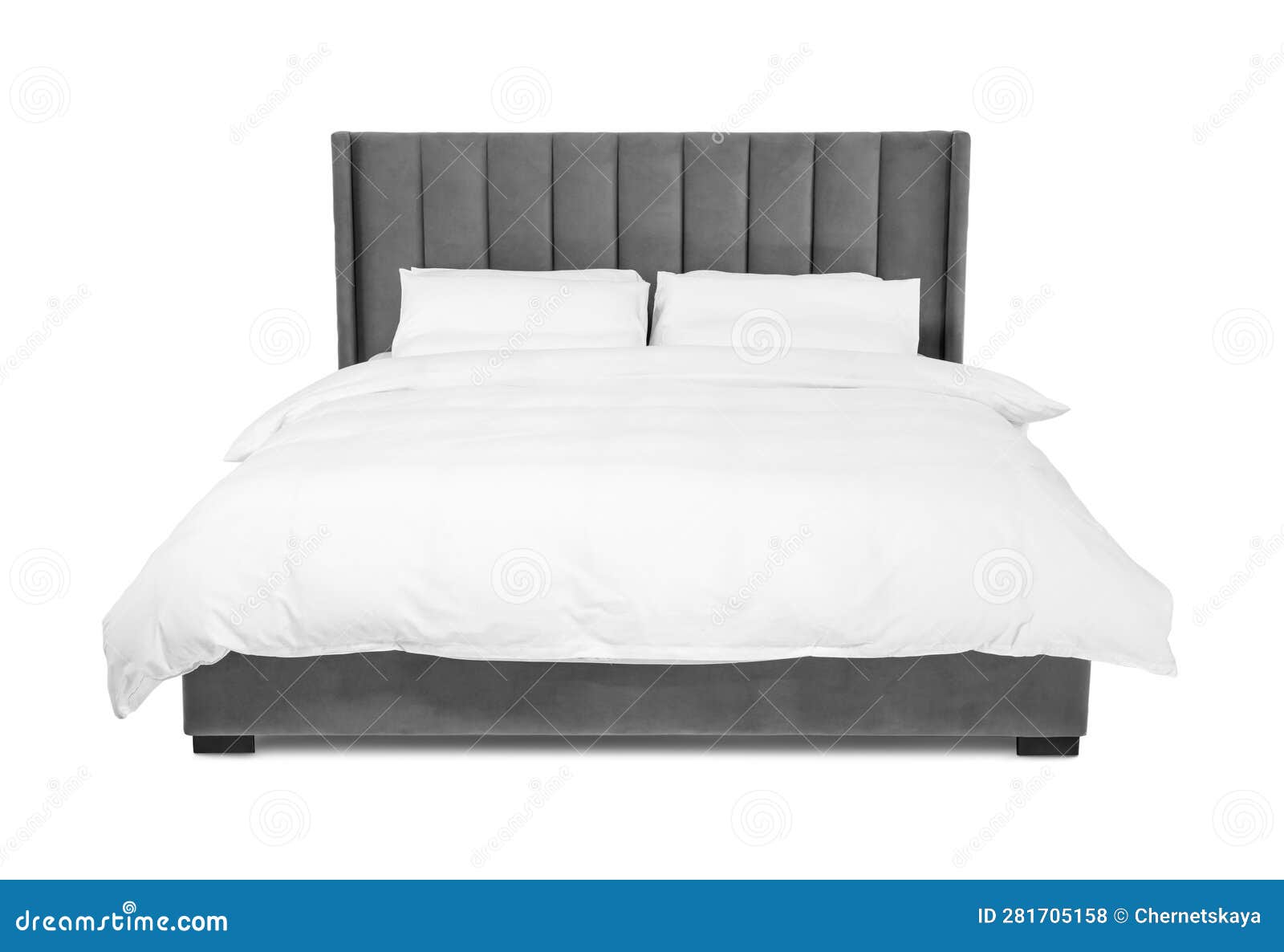 Comfortable Gray Bed with Linens on White Background Stock Photo