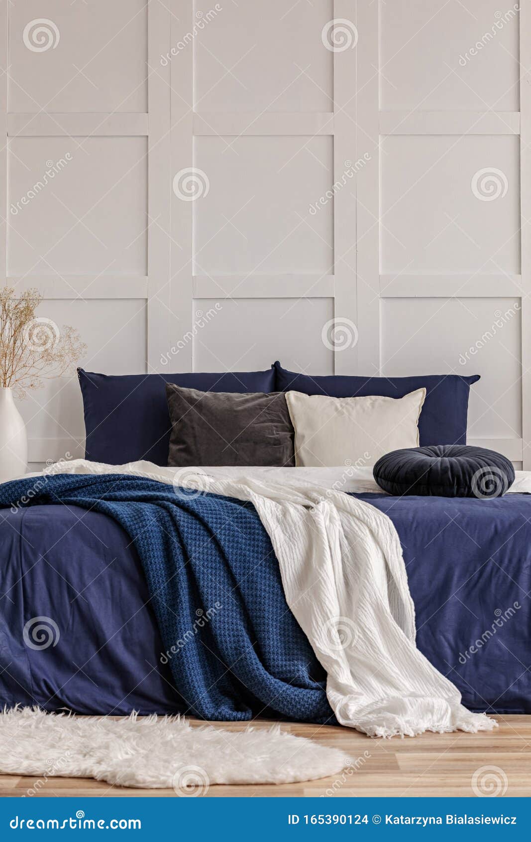 Comfortable King Size Bed with Pillows and Blanket, Copy Space on Empty