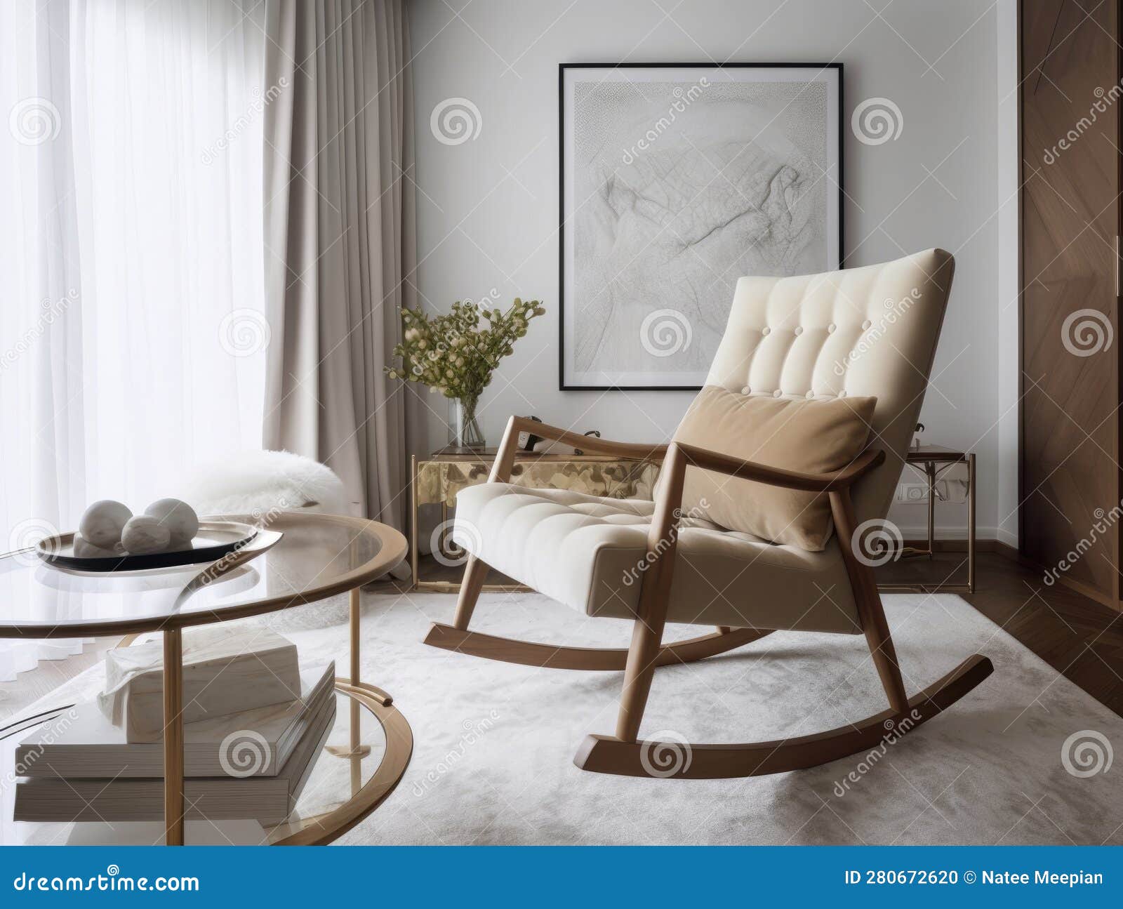 Comfortable Living Room with Rocking Chair. Generative AI Stock