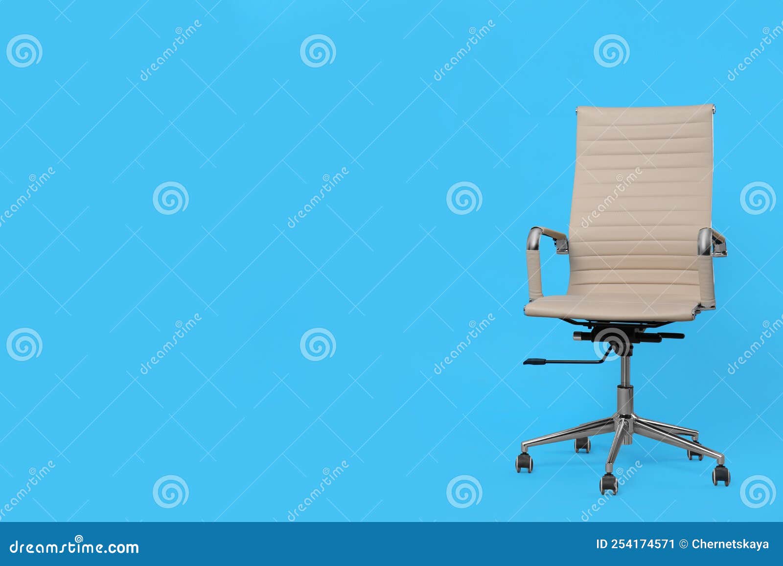 Comfortable Office Chair on Light Blue Background, Space for Text Stock