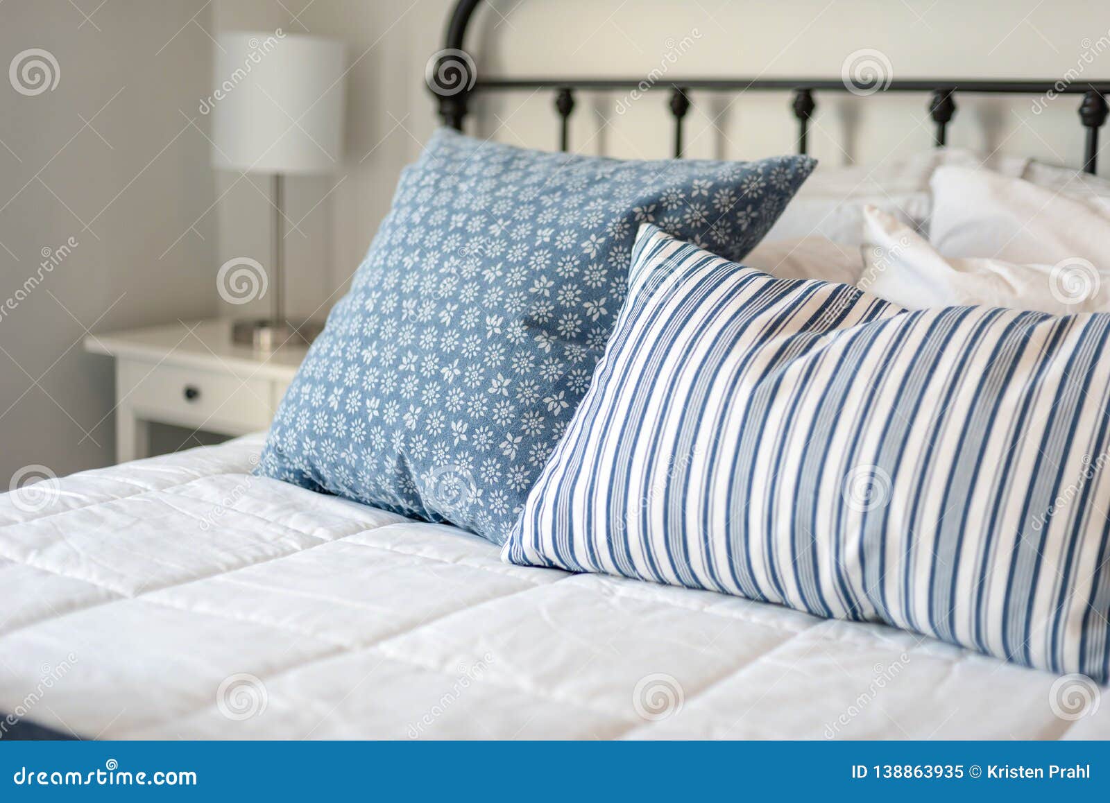 Comfy Bed with Blue and White Pillows Stock Image Image of linens, comfortable 138863935