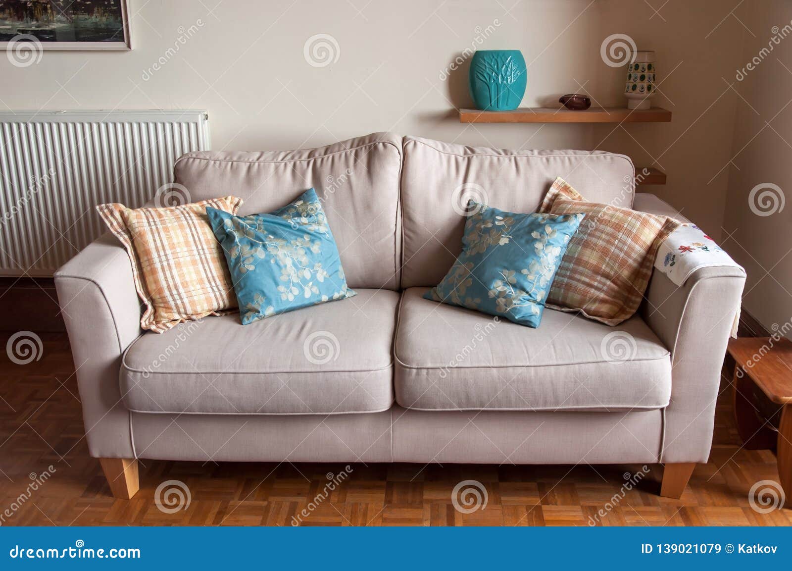 Comfy couch with pillows stock image. Image of room - 139021079