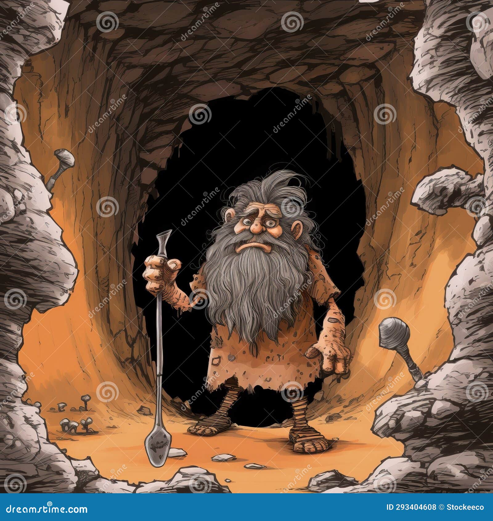 comic art: caveman in a cave with hoe - sergio aragones style