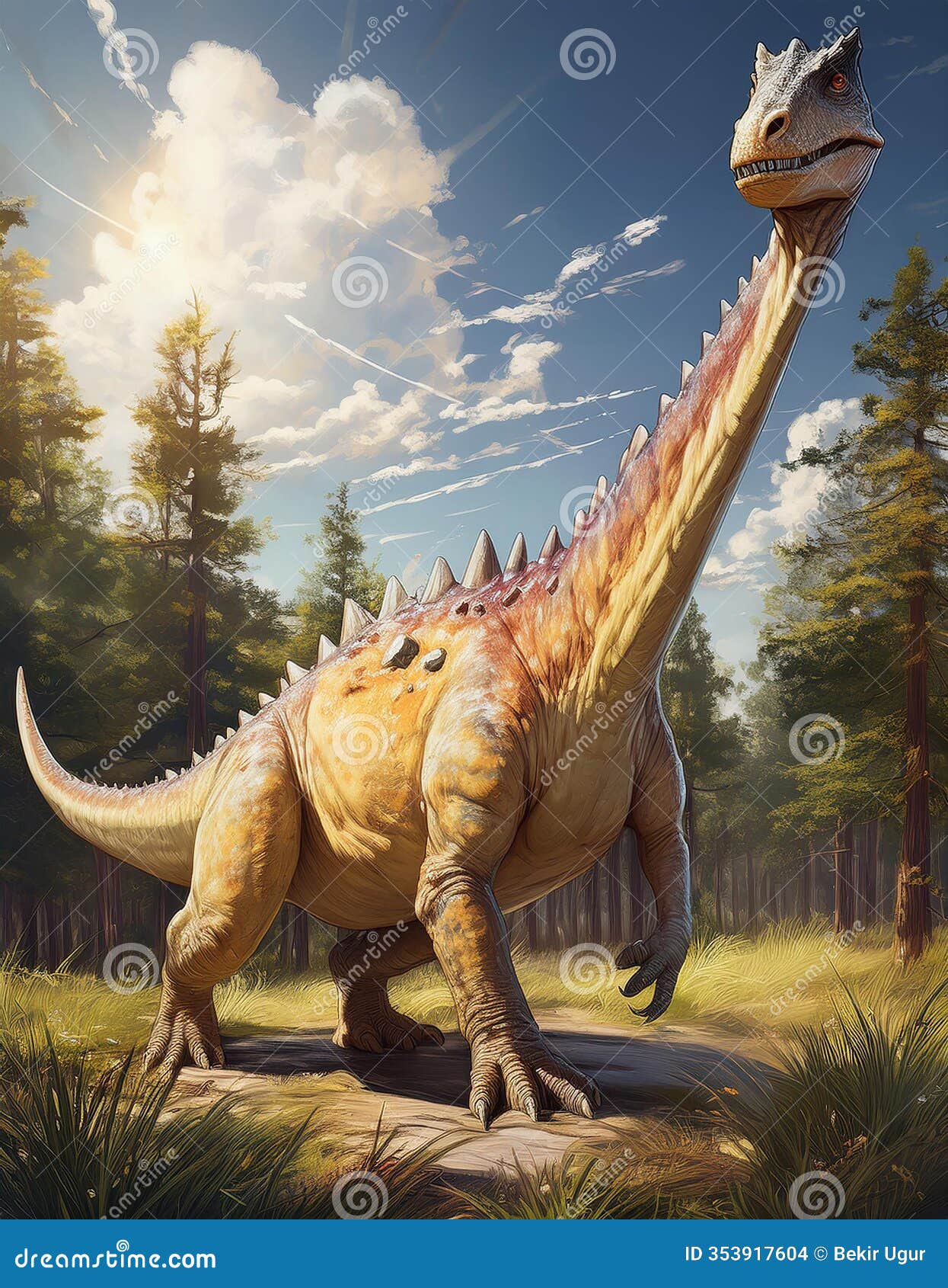comic art dinosaur in a historical field with rusticcore vibes.