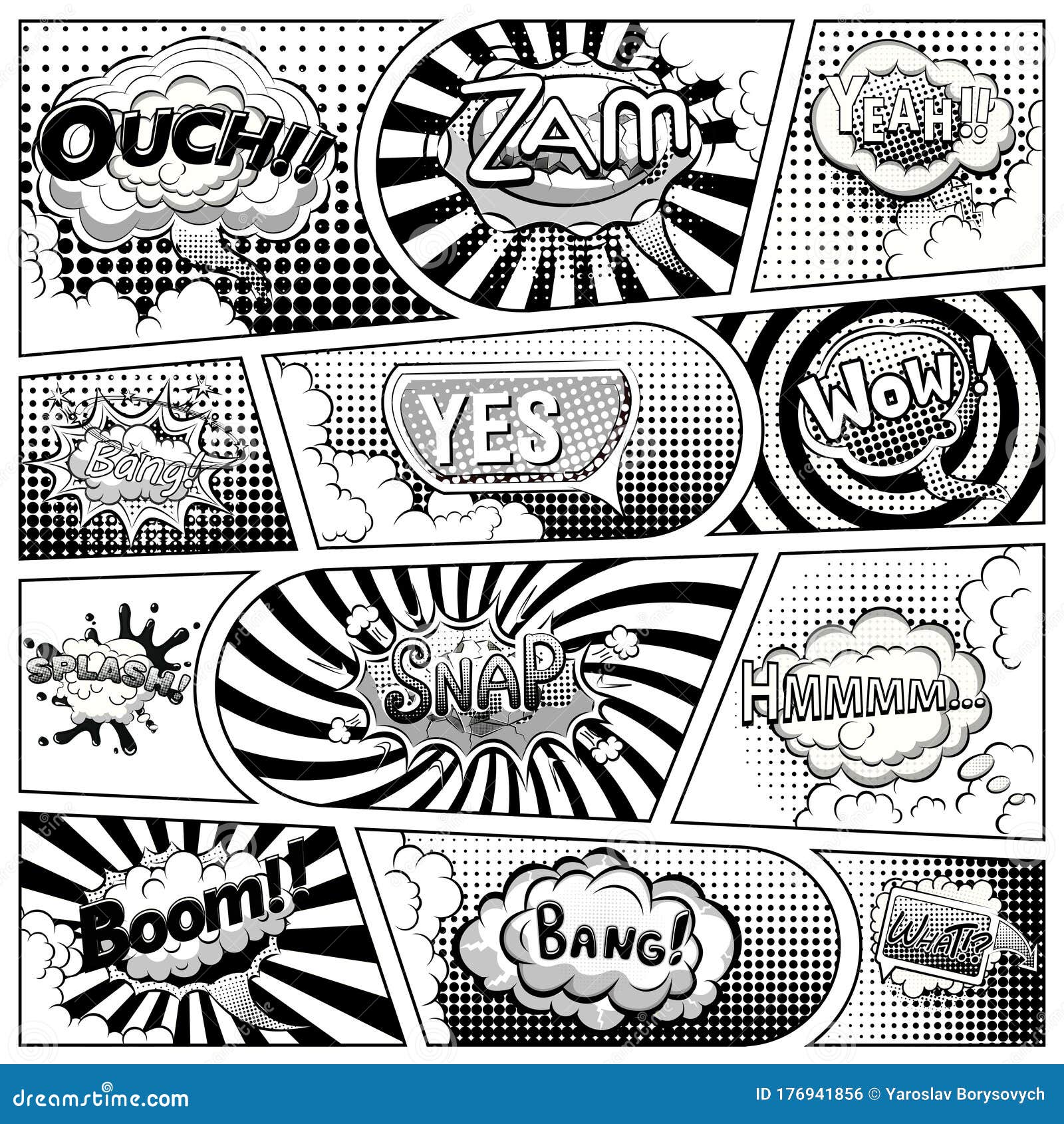 Comic Book Black and White Page Template Divided by Lines with Speech