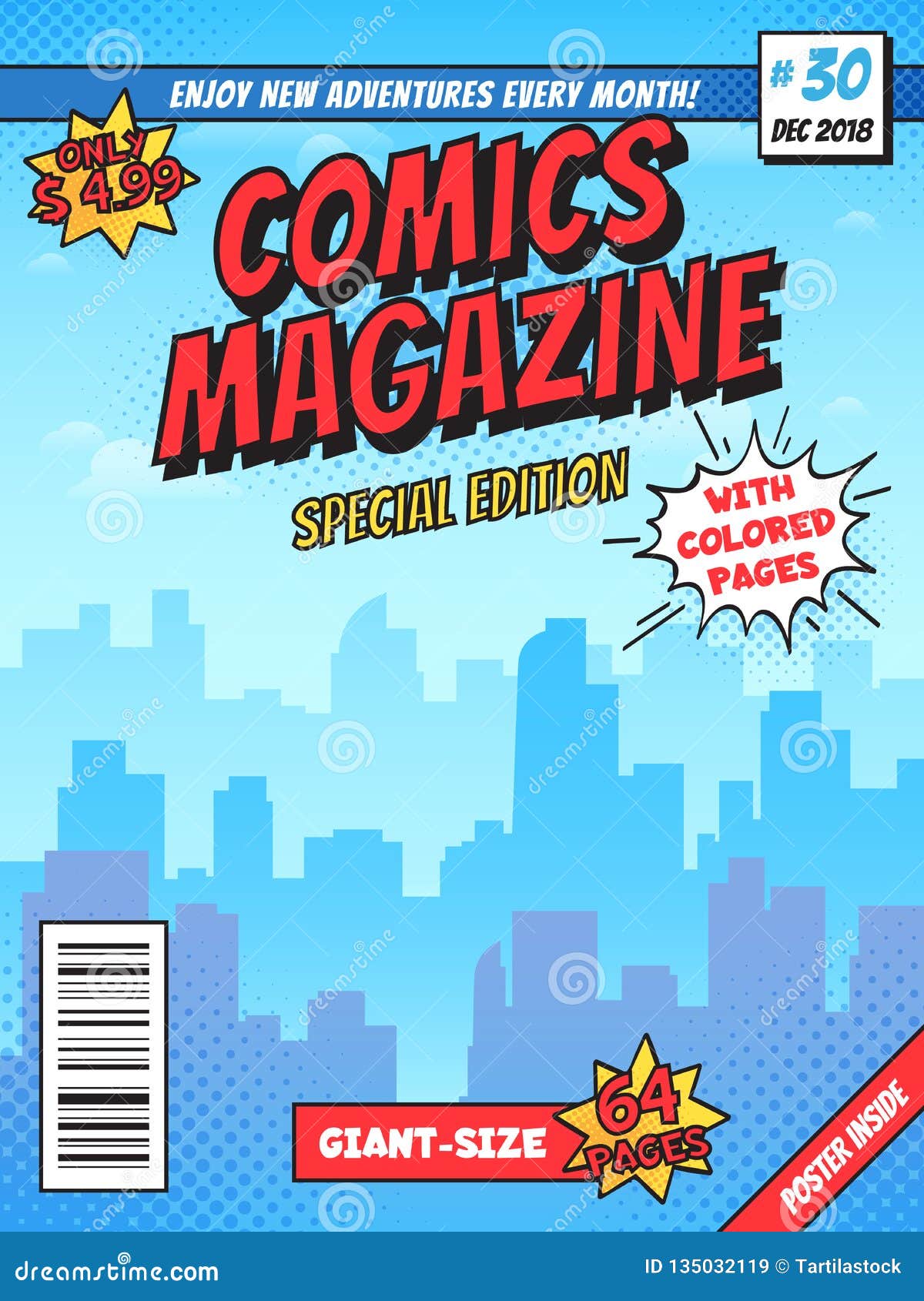 comic book cover page. city superhero empty comics magazine covers layout, town buildings and vintage comic books 