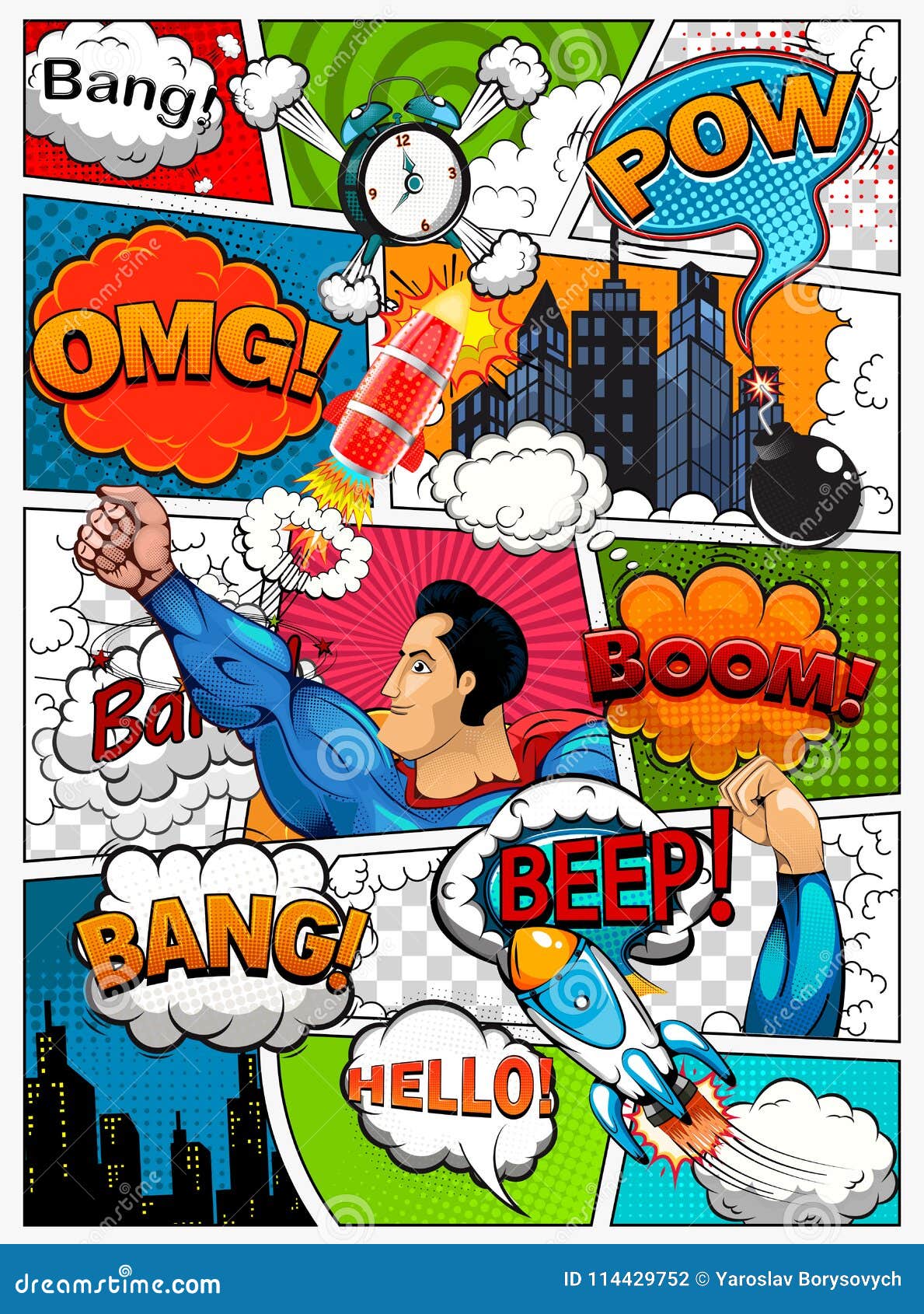 comic book page divided by lines with speech bubbles, rocket, superhero and sounds effect. retro background mock-up. comics templa