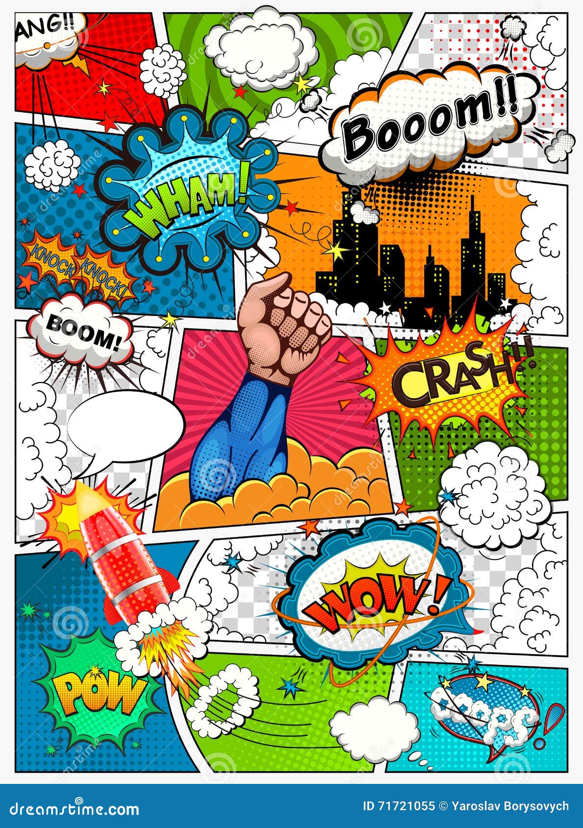 comic book page divided by lines with speech bubbles, rocket, superhero and sounds effect.