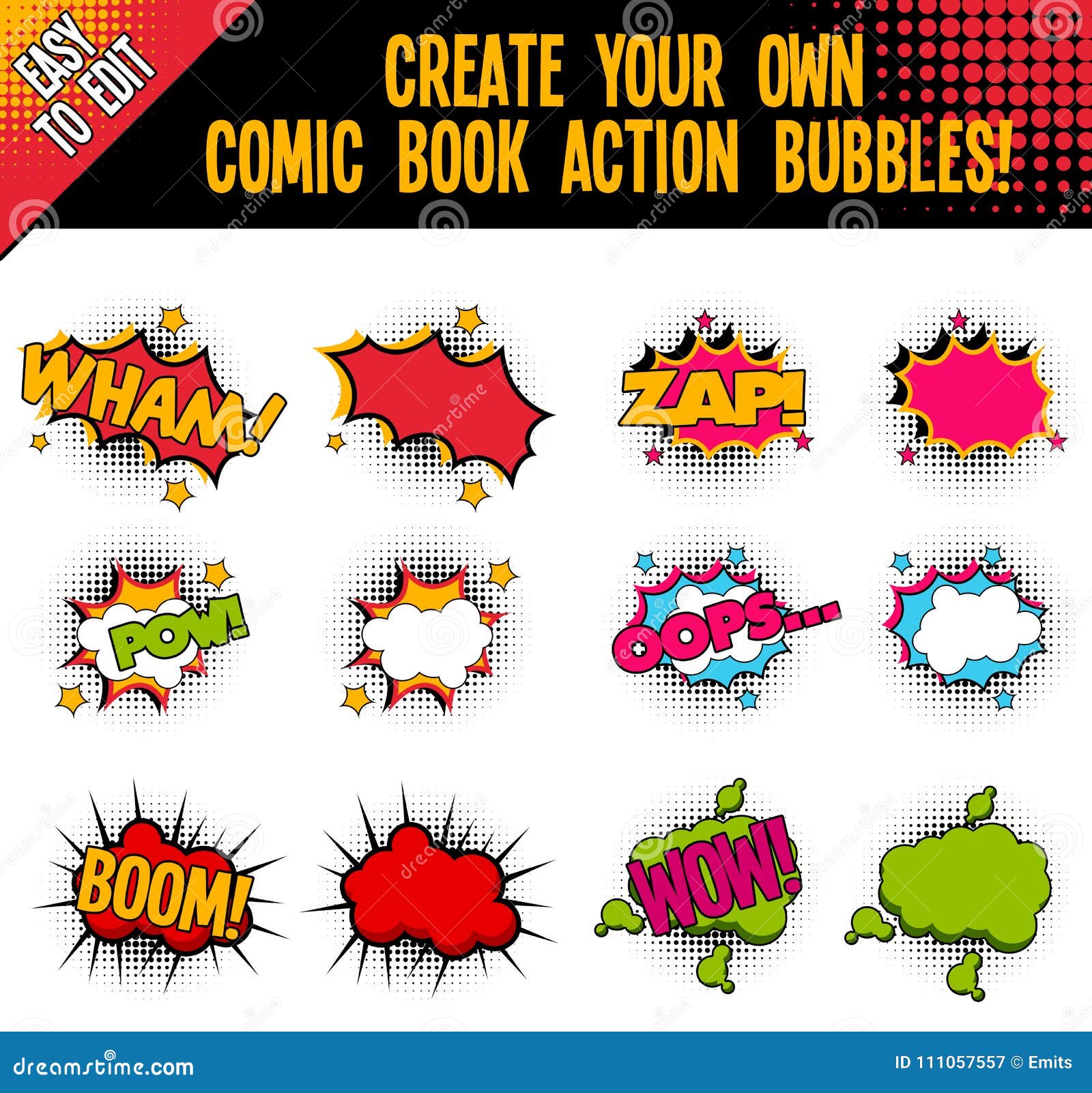 comic book style action bubbles with halftone effect