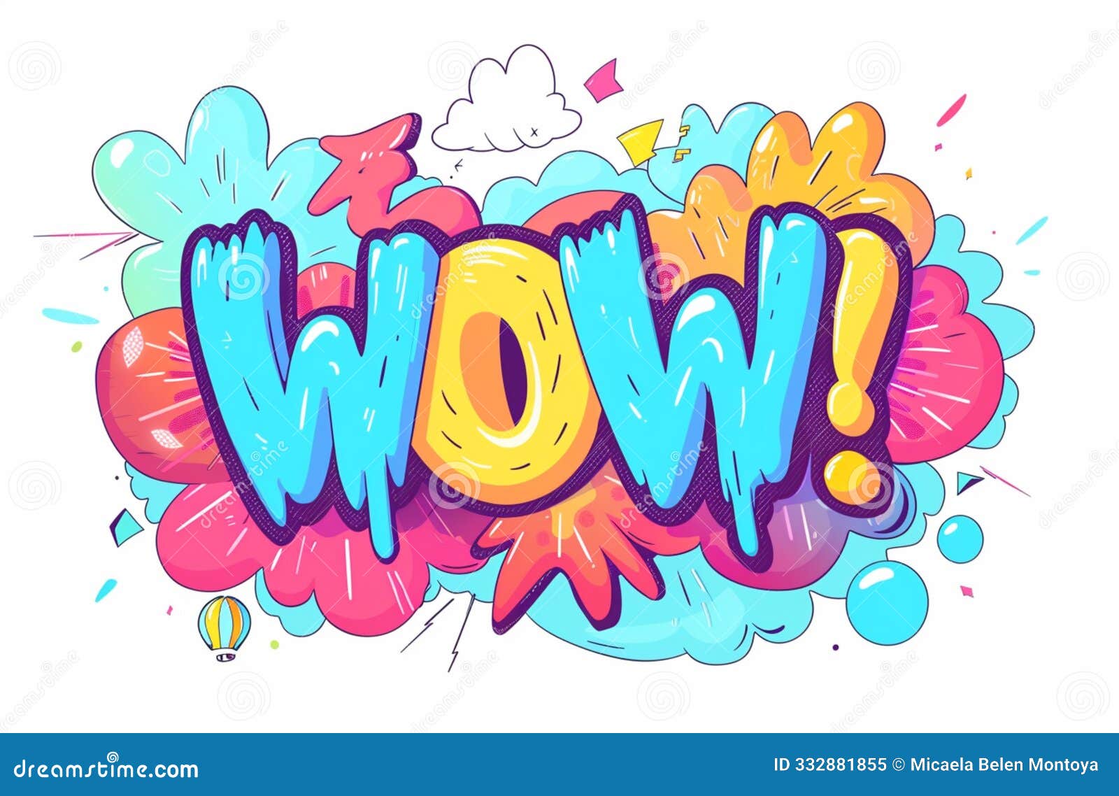 comic book 'wow!' in bold lines and flat colors
