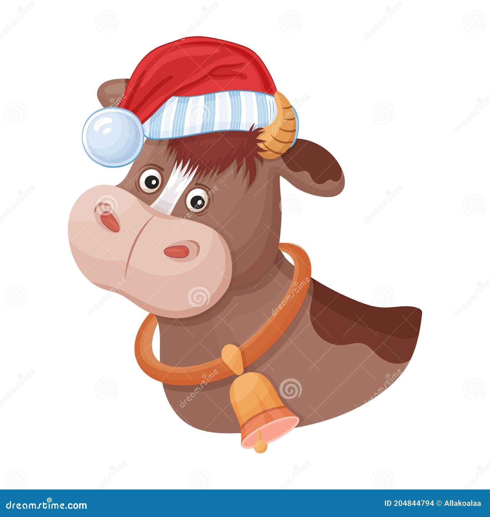 comic bull in santa red hat. animal mascot chinese new year. happy christmas cartoon ox character.  head calf cow. 