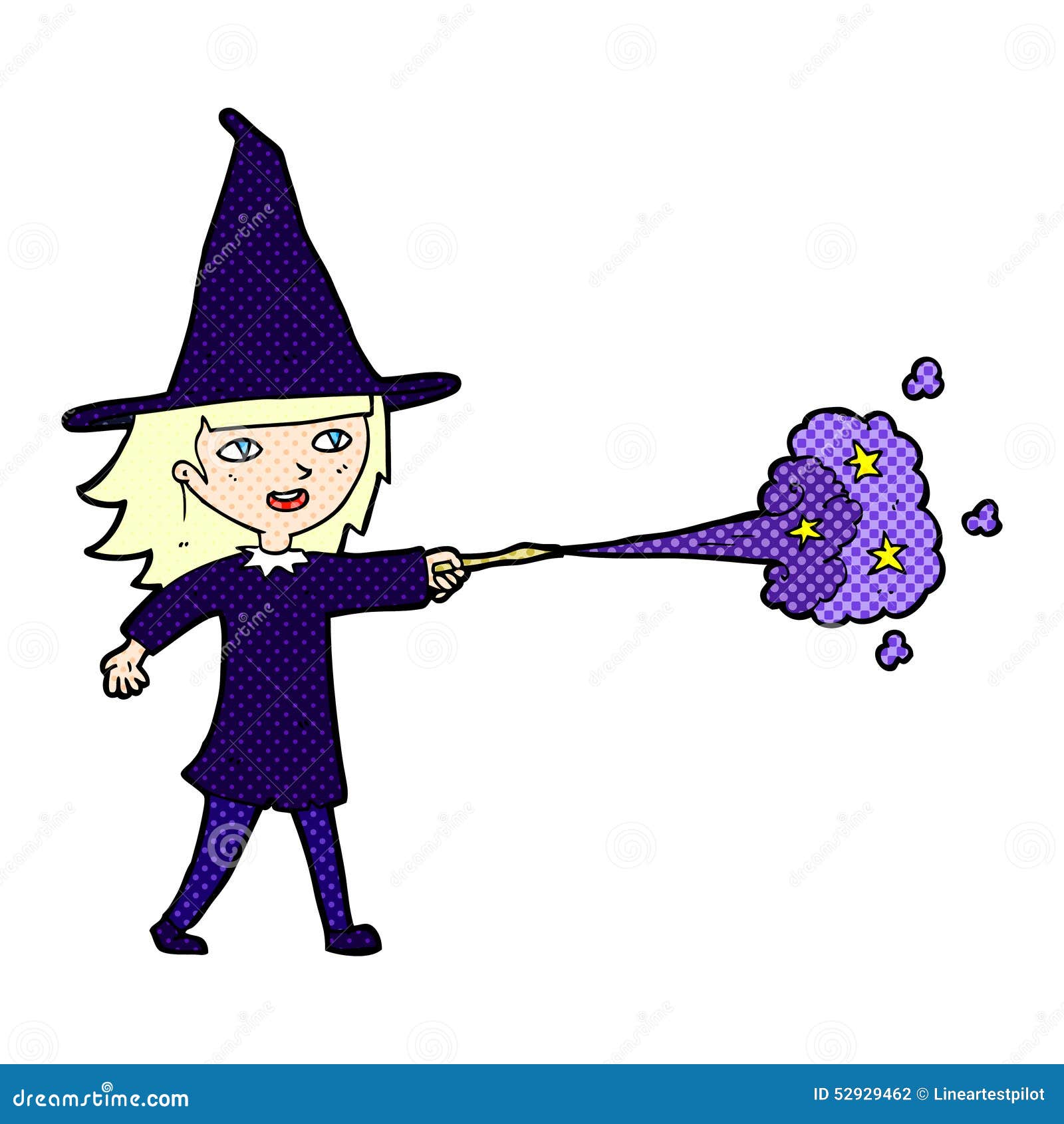 Comic Cartoon Witch Girl Casting Spell Stock Illustration