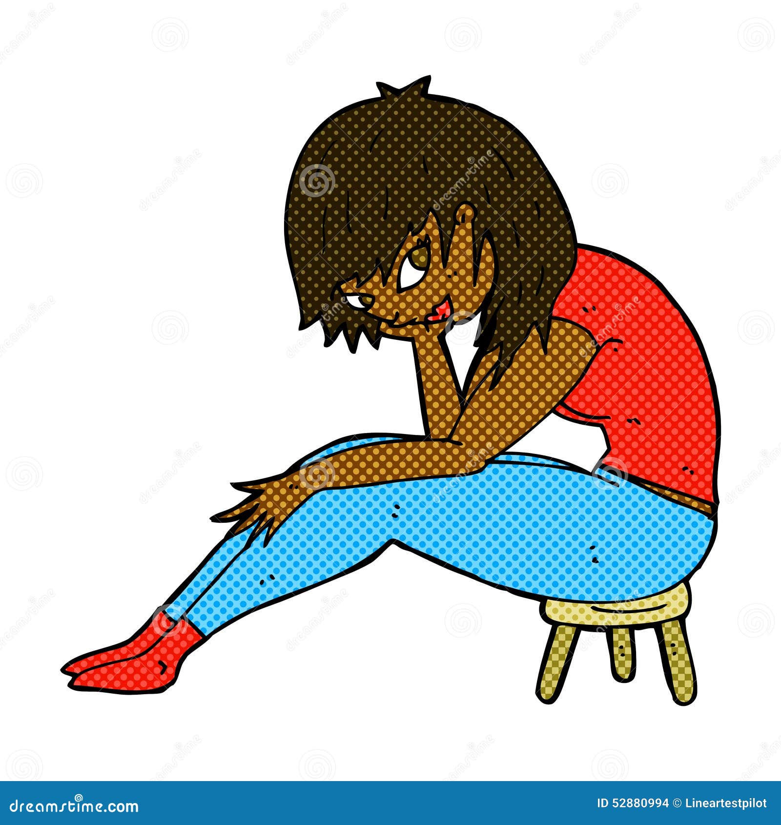 Comic Cartoon Woman Sitting On Small Stool Stock