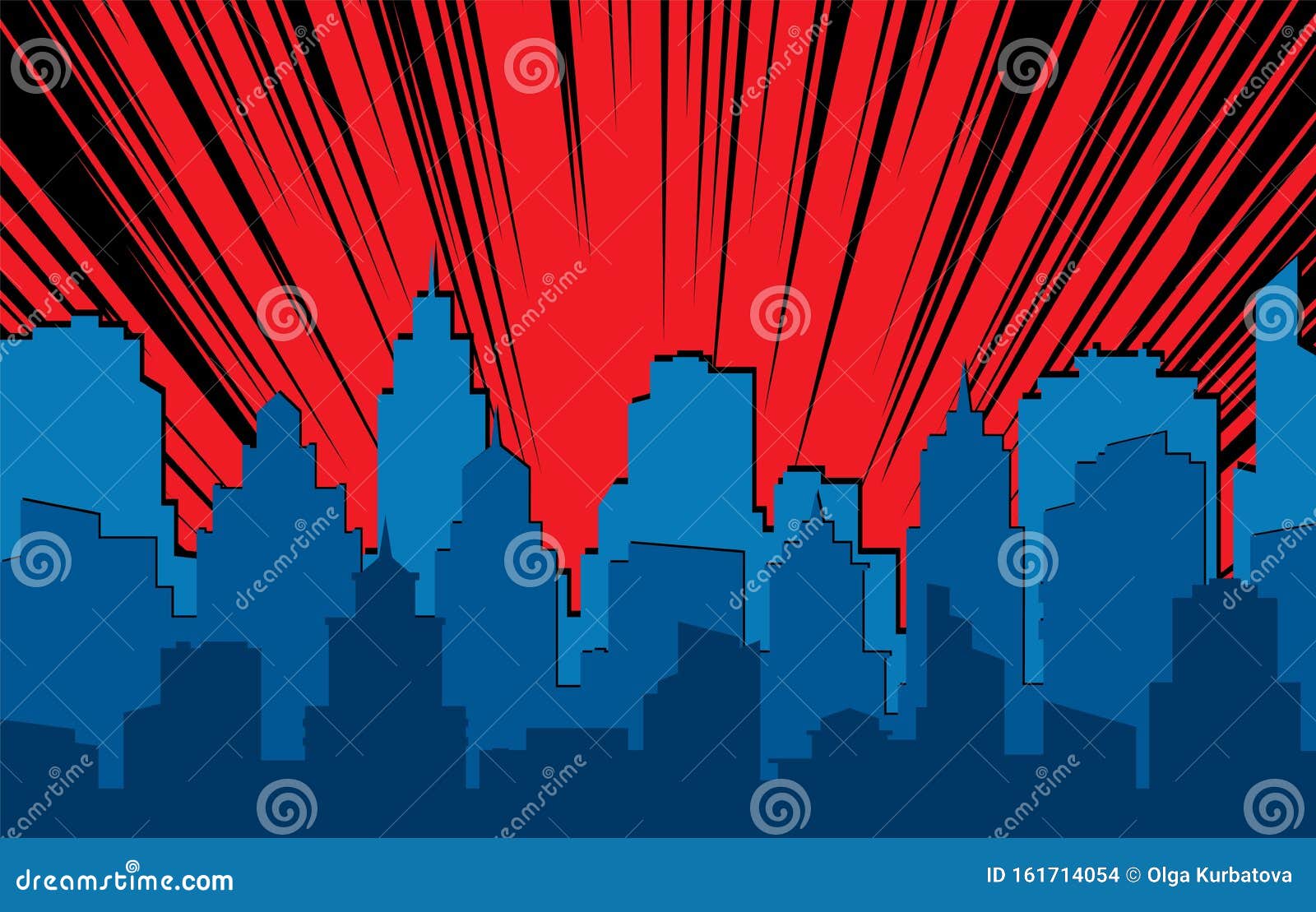 comic cityscape. retro urban silhouette of city buildings for art book comics with light effects  scene background