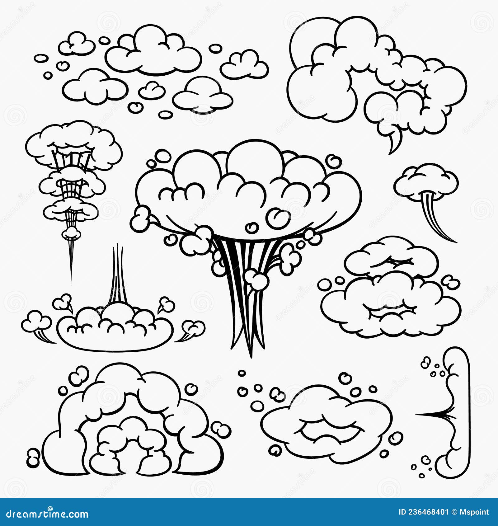 Comic Clouds, Cartoon Vector Clouds in Line Style Isolated on Light