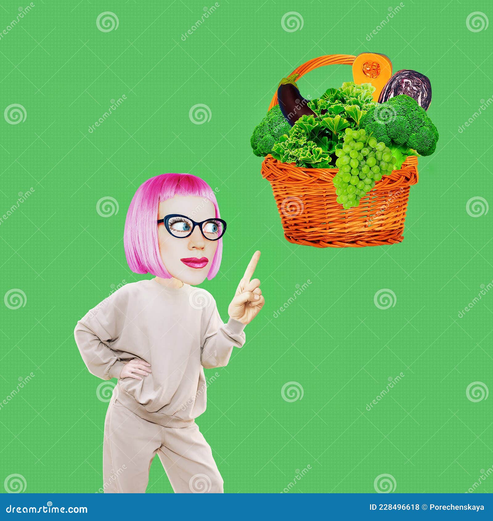 Comic Lady Character with Vegetables Green Basket. Minimal Collage