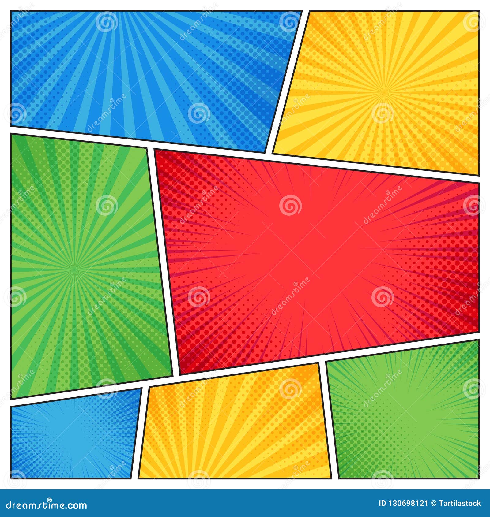 comic page frame. funny superhero comics book empty pages with radial lines or stripes background  template