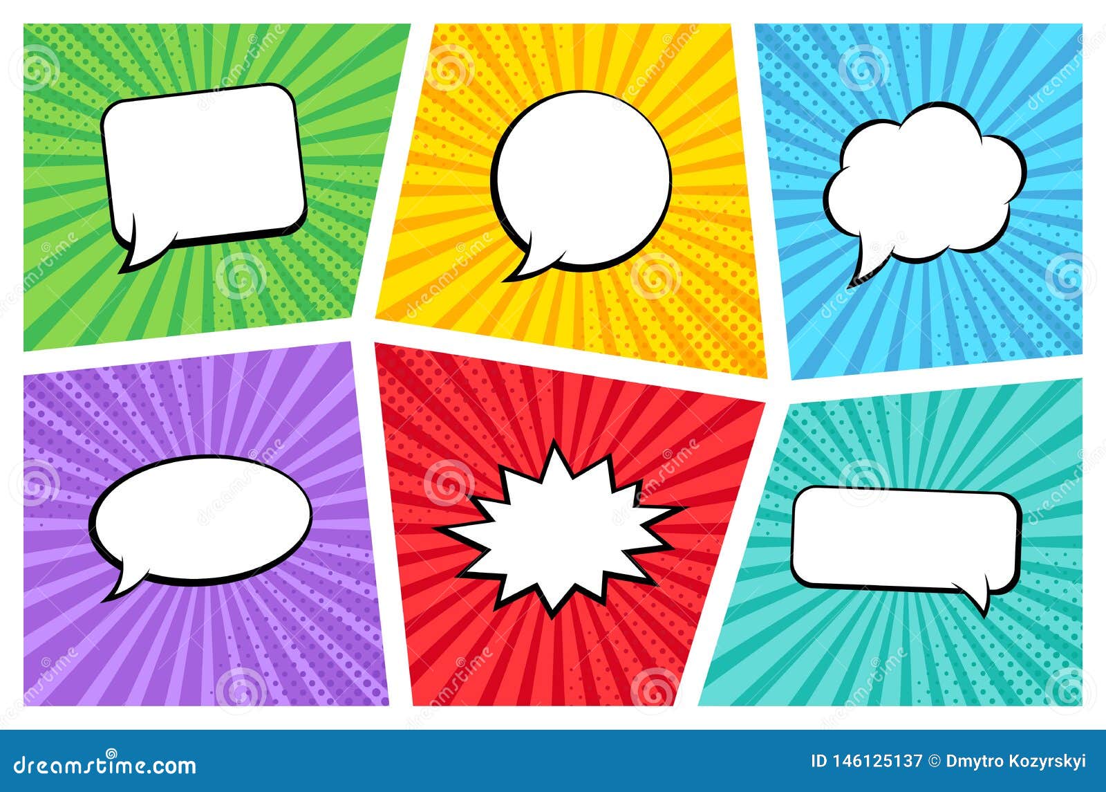 comic rays with speech bubbles set. comic superhero bubble. comics page layout. rays, radial, halftone.  