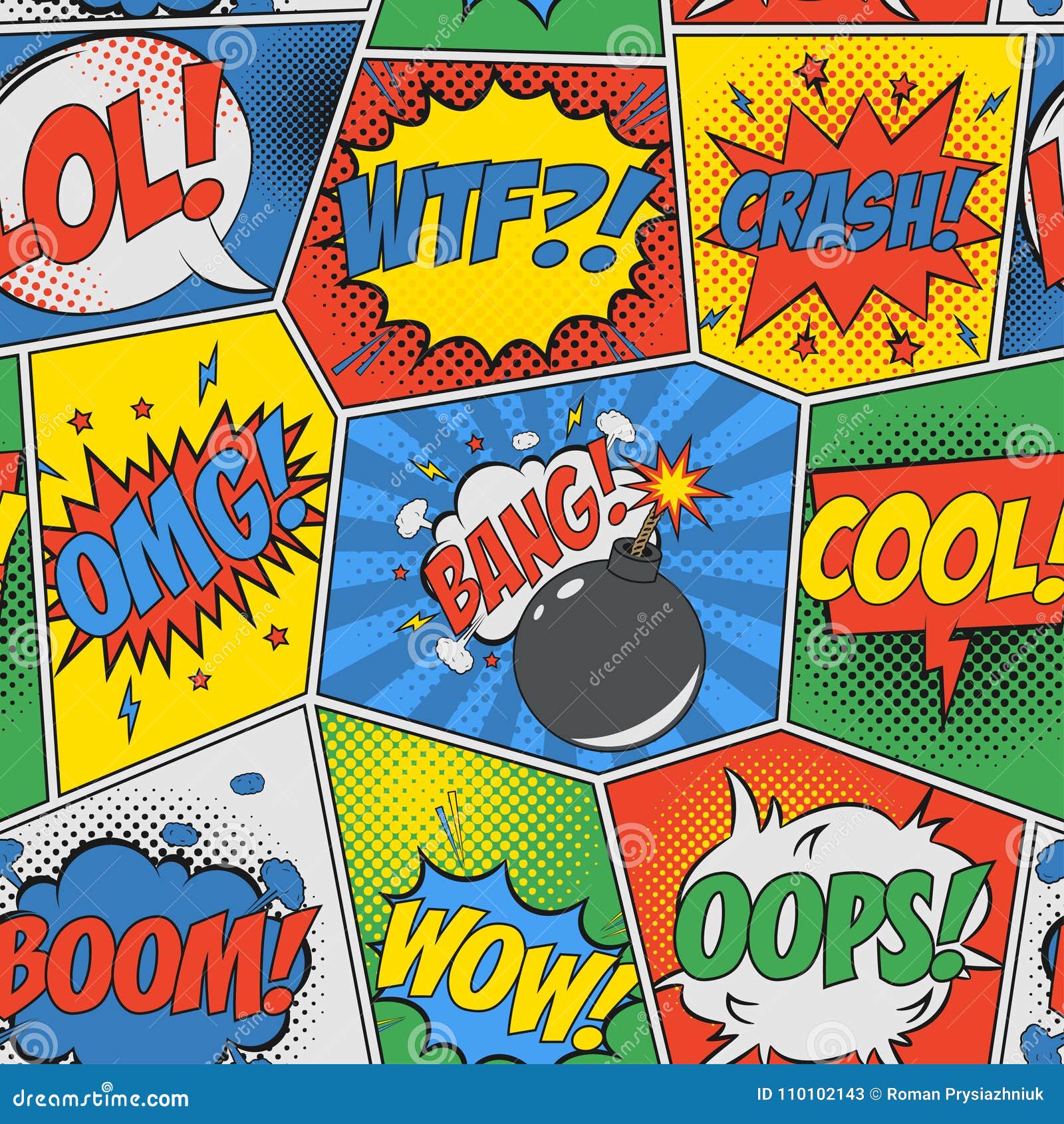 comic seamless background. pop art retro pattern with speech bubbles and bomb. backdrop for  of comics book. .