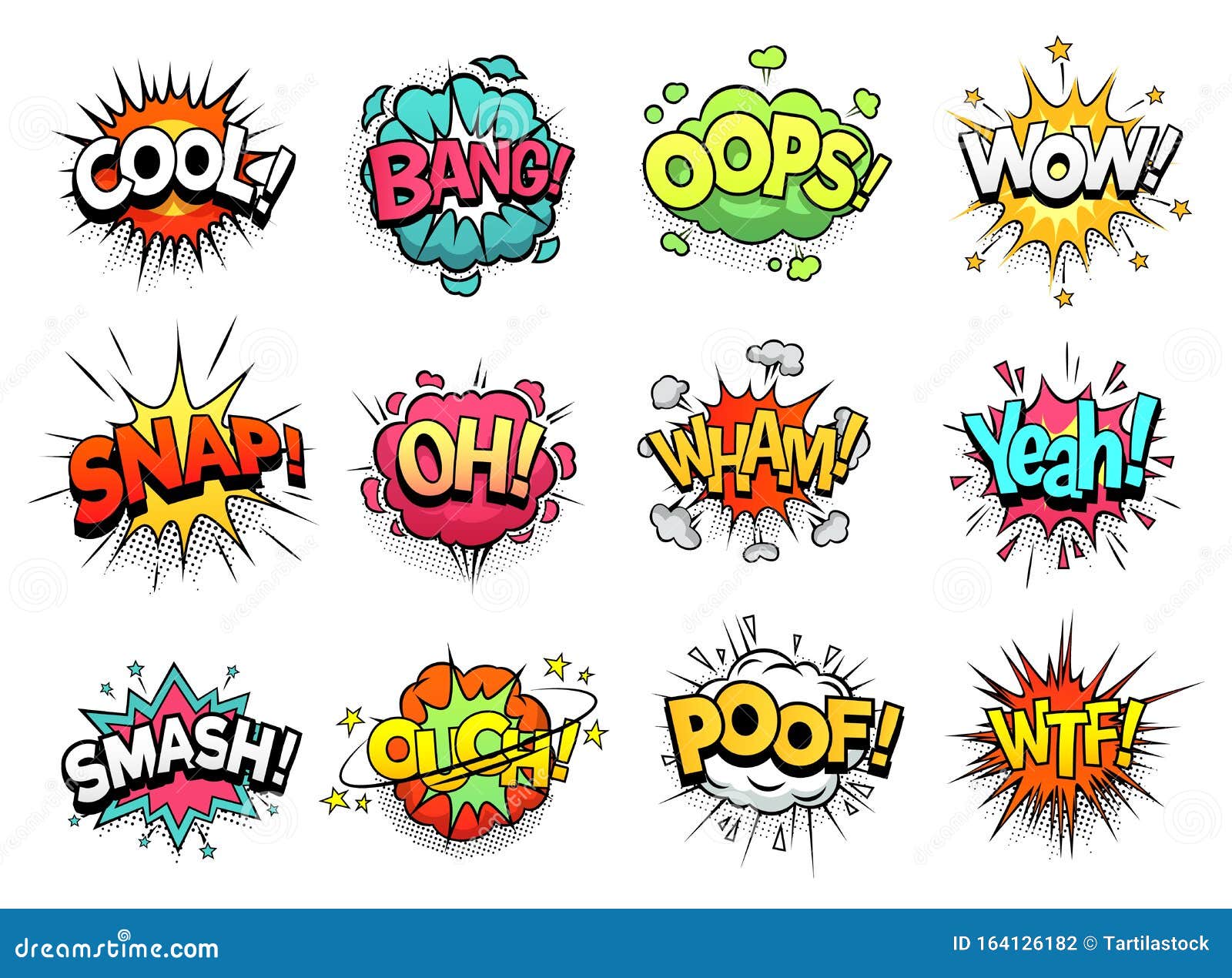 comic sign clouds. boom bang, wow and cool speech bubbles. burst cloud expressions cartoon  set