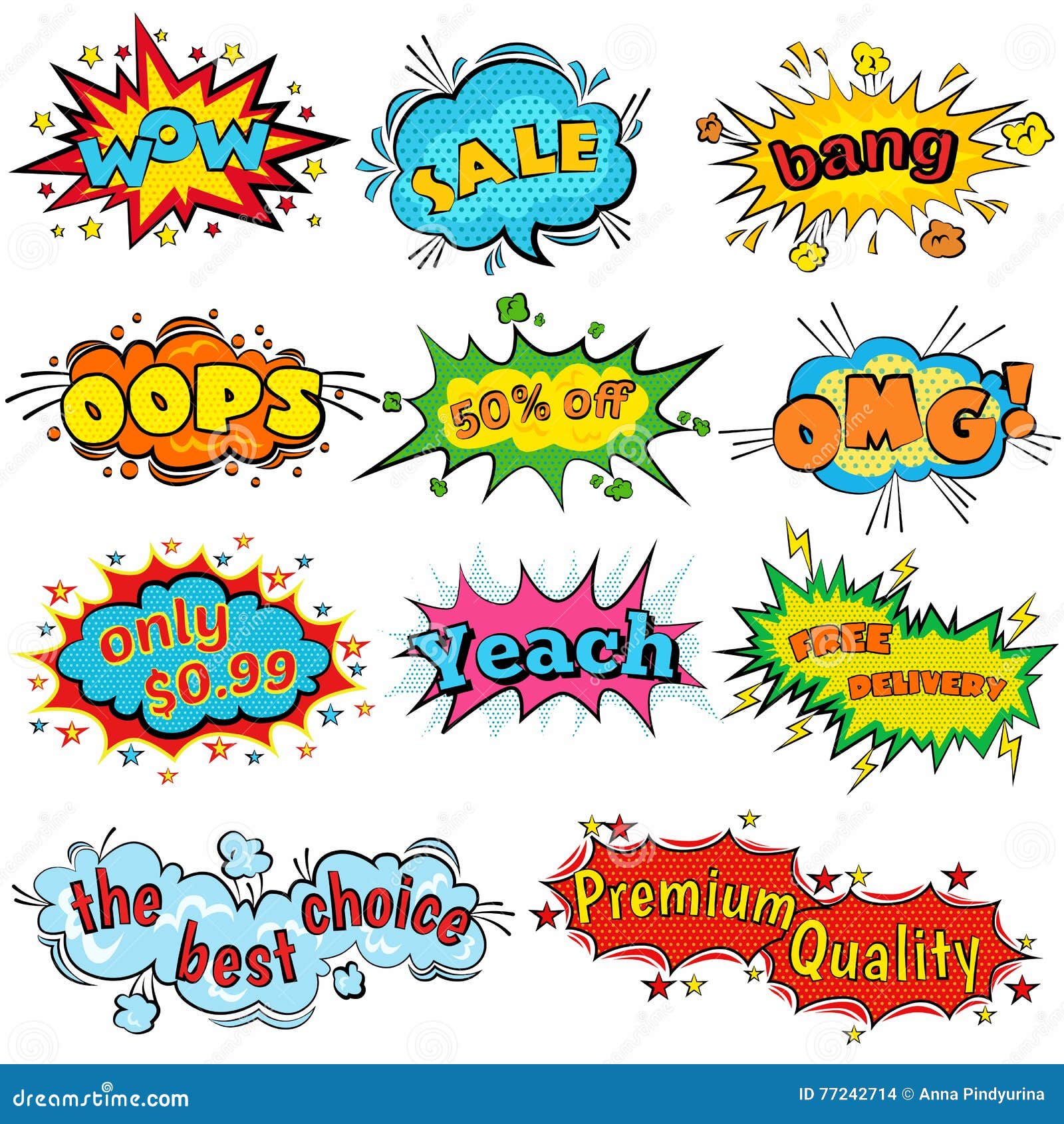 Comic Sound Effects in Pop Art Vector Style. Sound Bubble Speech with Word and Comic Cartoon Expression Sounds Stock Vector - Illustration of banner, sale: