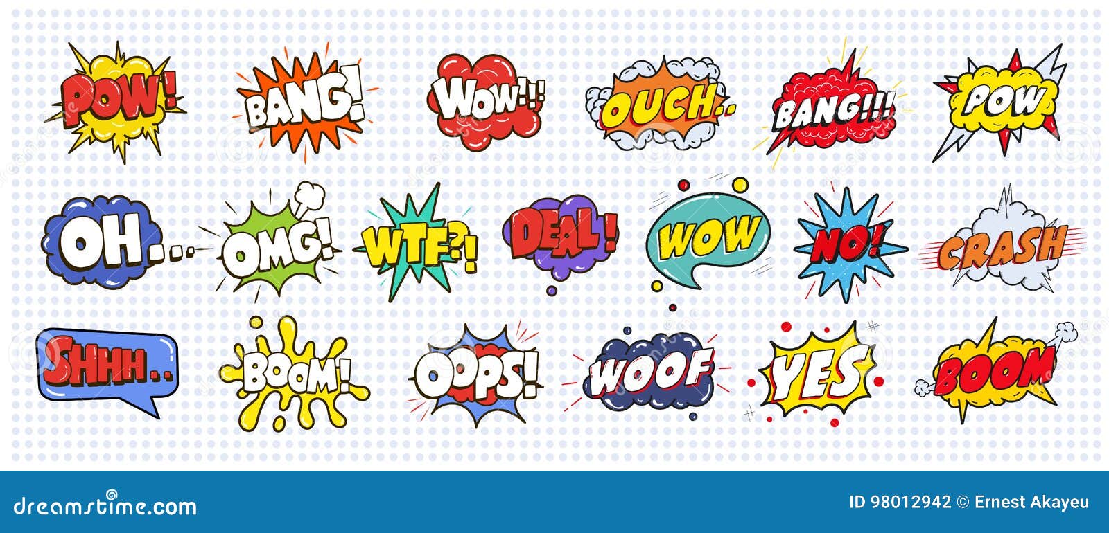 comic sound speech effect bubbles set on white background . wow, pow, bang, ouch, crash, woof, no