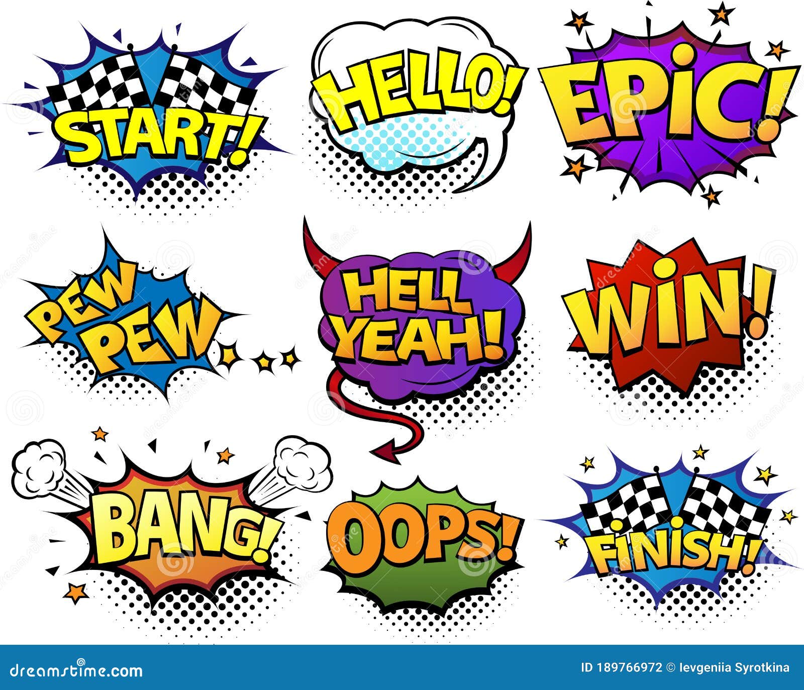 Comic Speech Bubbles Set With Different Emotions And Text Start Hello Epic Pew Win Oops Bang Finish Bright Stock Illustration Illustration Of Humor Halftone