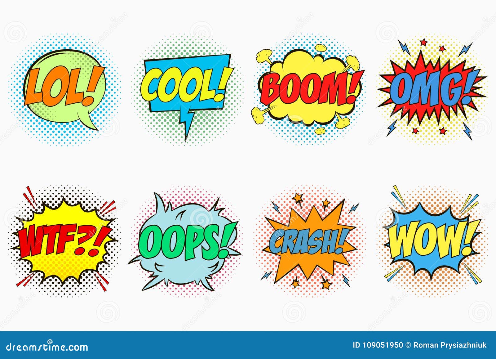 comic speech bubbles set with emotions - lol. cool. boom. omg. wtf. oops. crash. wow. cartoon sketch of dialog effects.