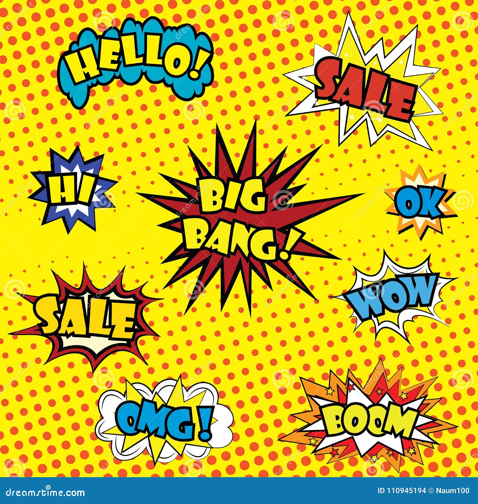 Comics Bubble with Expression Wow and Others in Vintage Style Stock