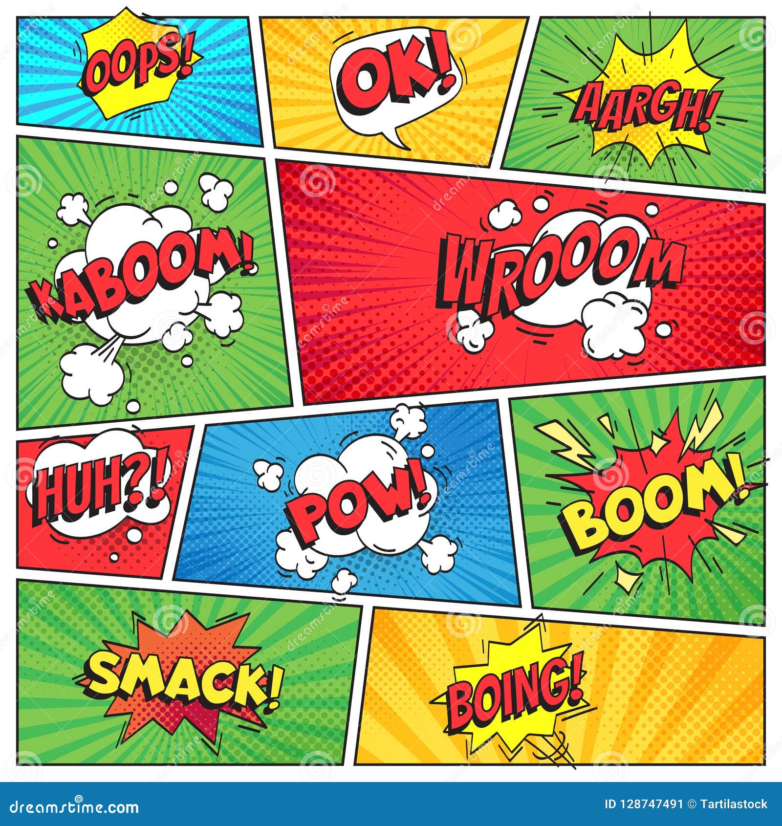 Comics Page. Comic Book Grid Frame, Funny Oops Bam Smack Text Speech  Bubbles on Color Stripes Background Vector Layout Stock Vector -  Illustration of smack, boom: 128747491