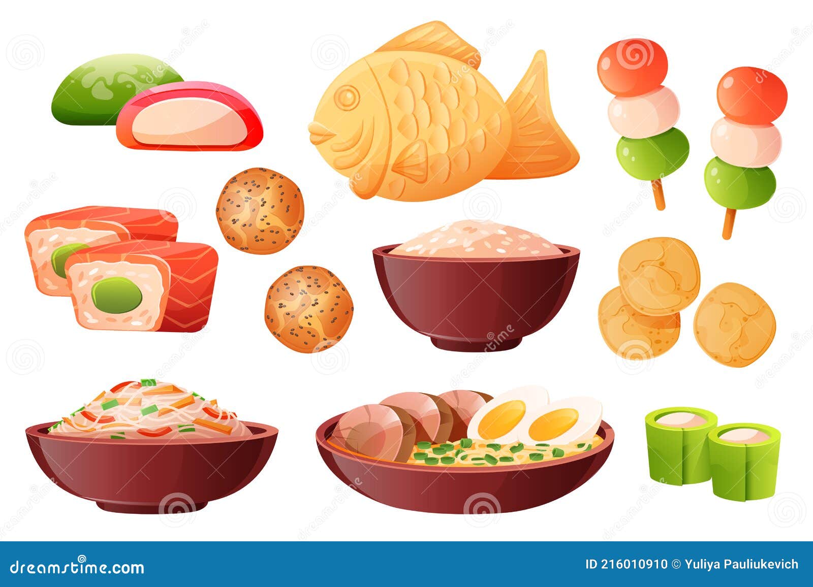 Comida Japonesa Arroz En Bowl Sushi Y Ramen Ilustración del Vector -  Ilustración de alimento, cena: 216010910