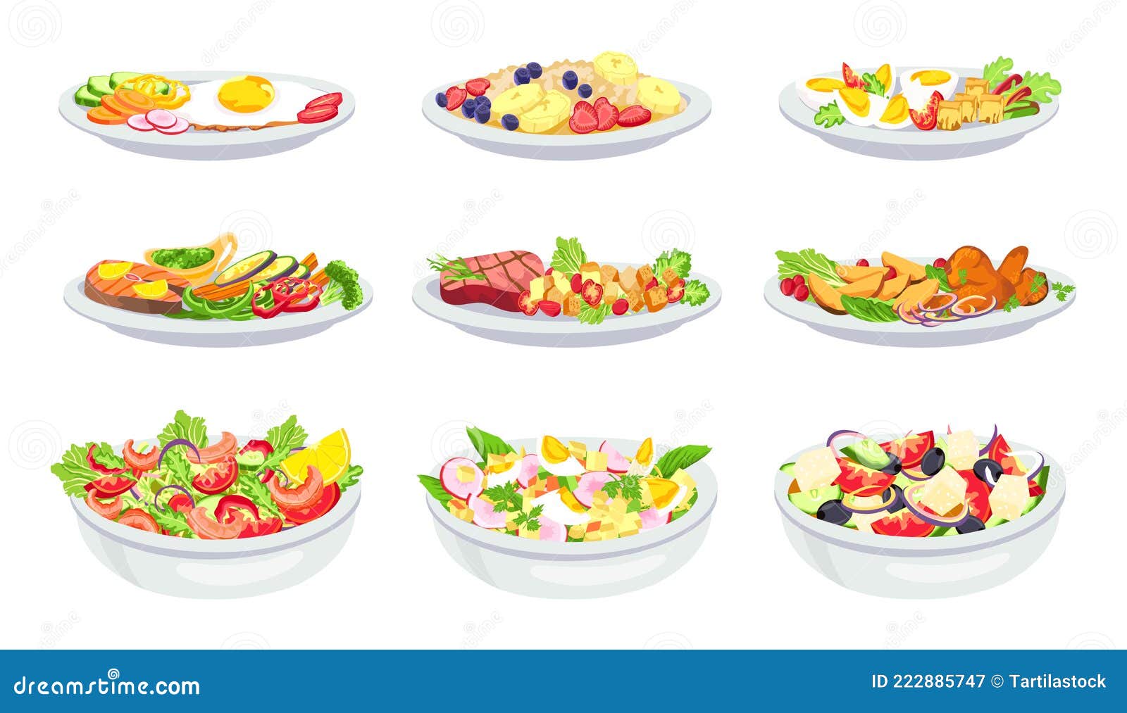 Comida Saludable. Menú De Desayuno, Ensalada Y Cena. Avena Con Fruta. Dieta Equilibrada Con Huevos De Verduras Y Carne Y Ilustración del Vector - Ilustración de hoja, comida: 222885747 Comida Saludable. Menú De Desayuno, Ensalada Y Cena. Avena Con Fruta. Dieta Equilibrada Con Huevos De Verduras Y Carne Y Ilustración del Vector - Ilustración de hoja, comida: 222885747
