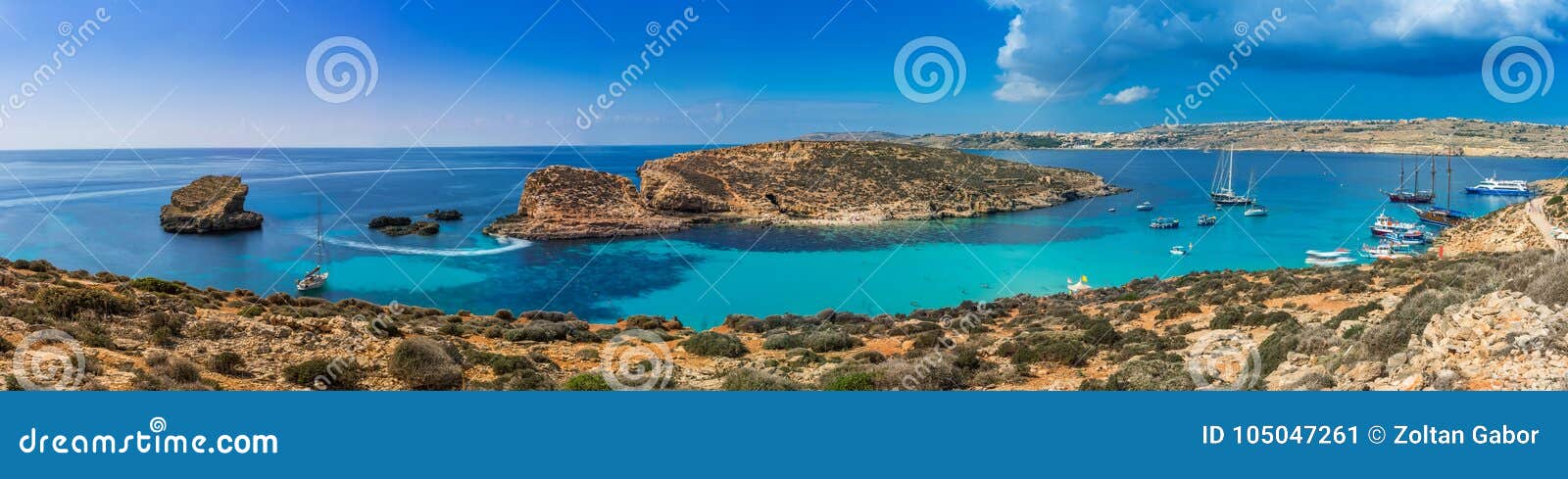 comino, malta - panoramic skyline view of the famous and beautiful blue lagoon on the island of comino